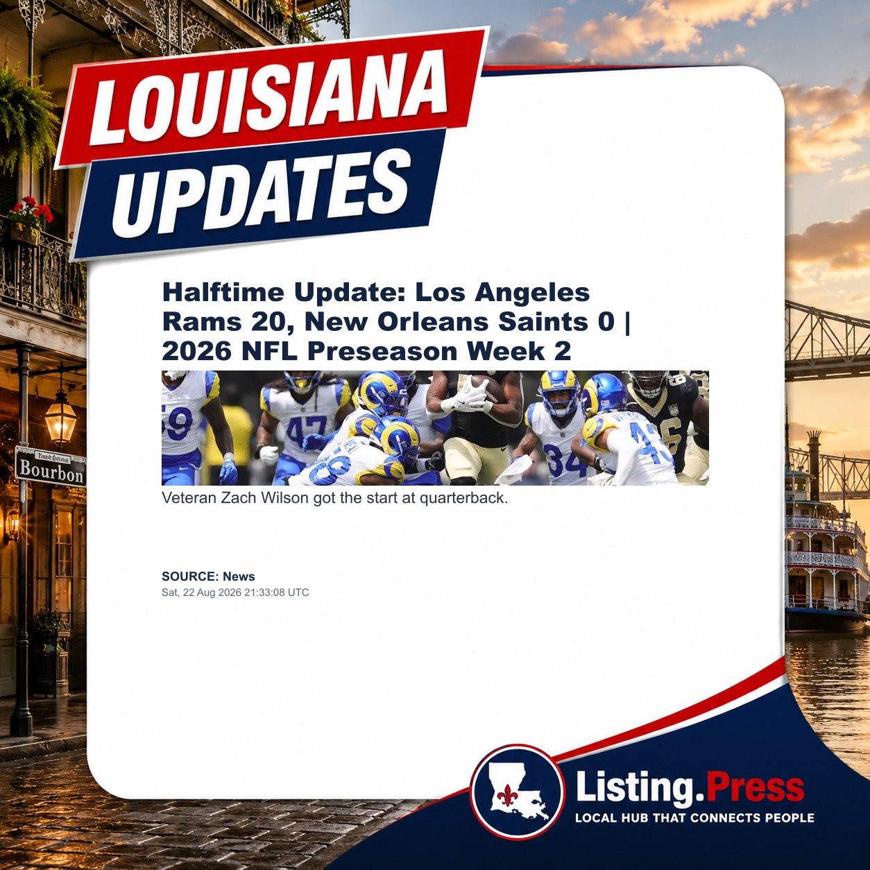 Halftime Update: Los Angeles Rams 20, New Orleans Saints 0 | 2026 NFL Preseason Week 2