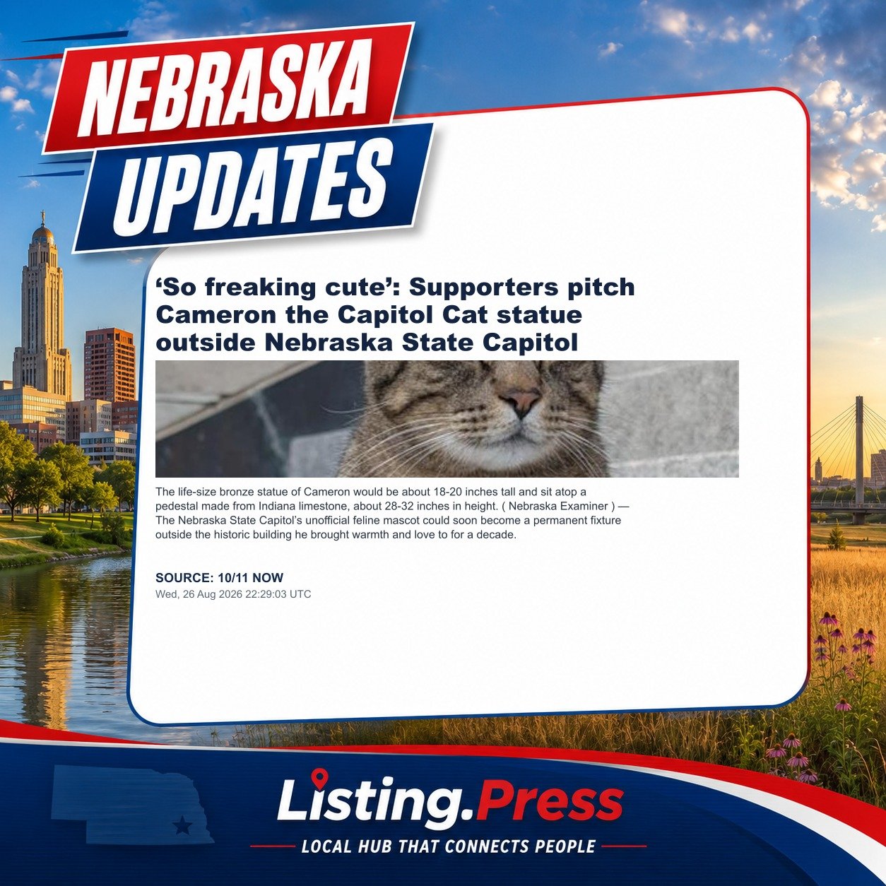 ‘So freaking cute’: Supporters pitch Cameron the Capitol Cat statue outside Nebraska State Capitol