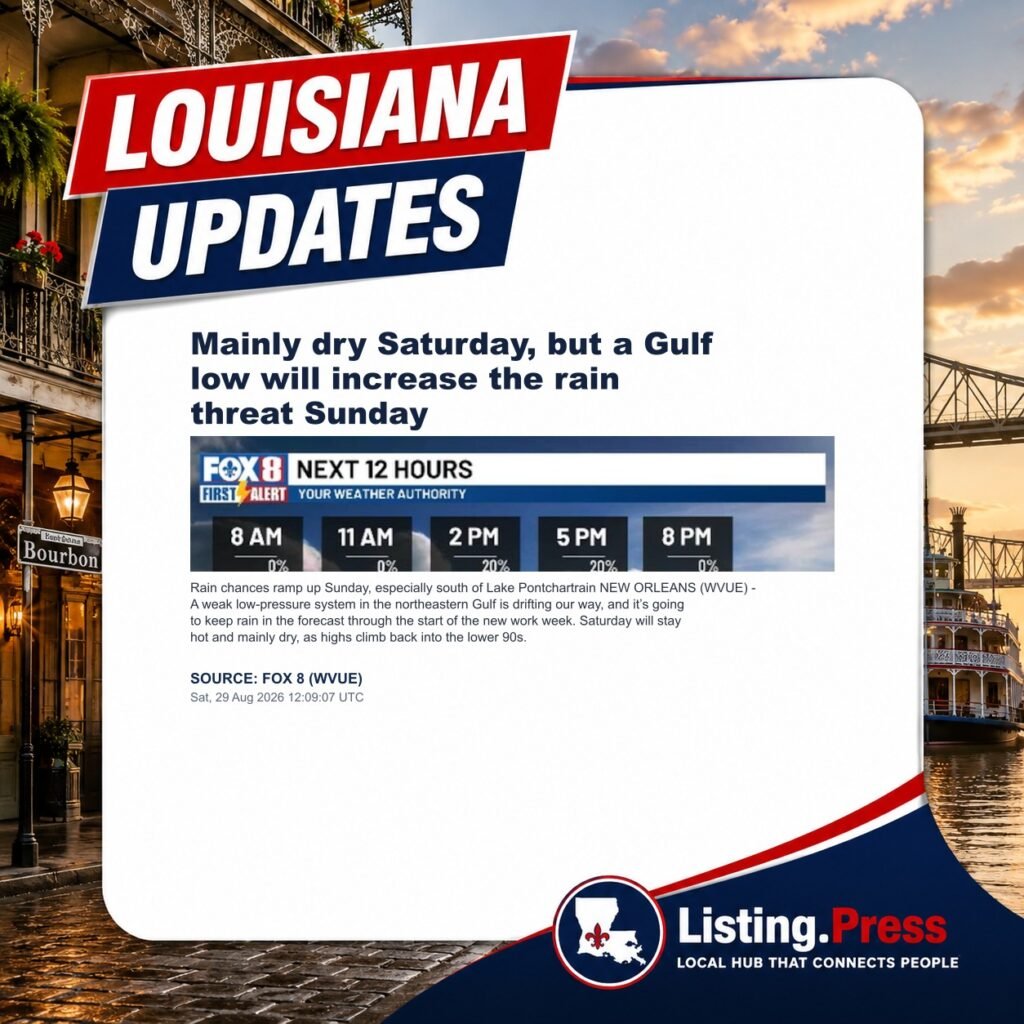 Mainly dry Saturday, but a Gulf low will increase the rain threat Sunday