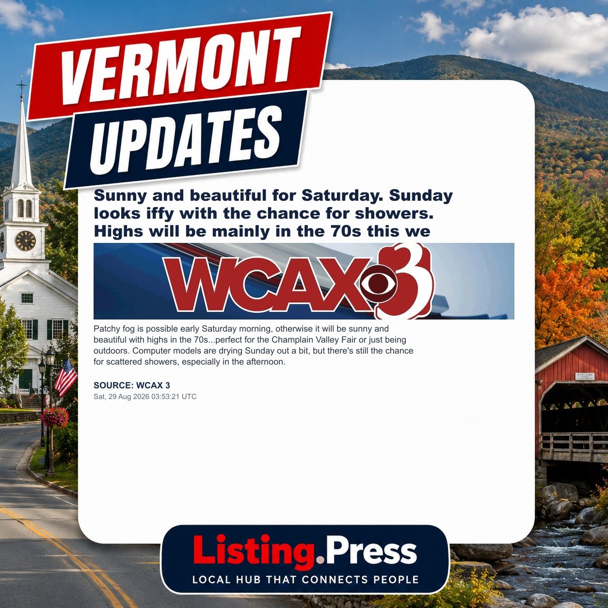 Sunny and beautiful for Saturday. Sunday looks iffy with the chance for showers. Highs will be mainly in the 70s this we