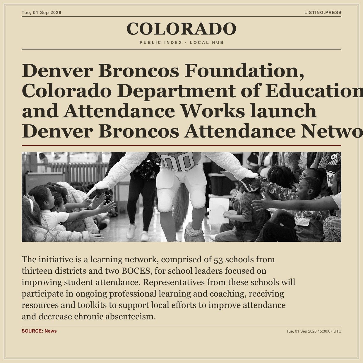 Denver Broncos Foundation, Colorado Department of Education and Attendance Works launch Denver Broncos Attendance Networ