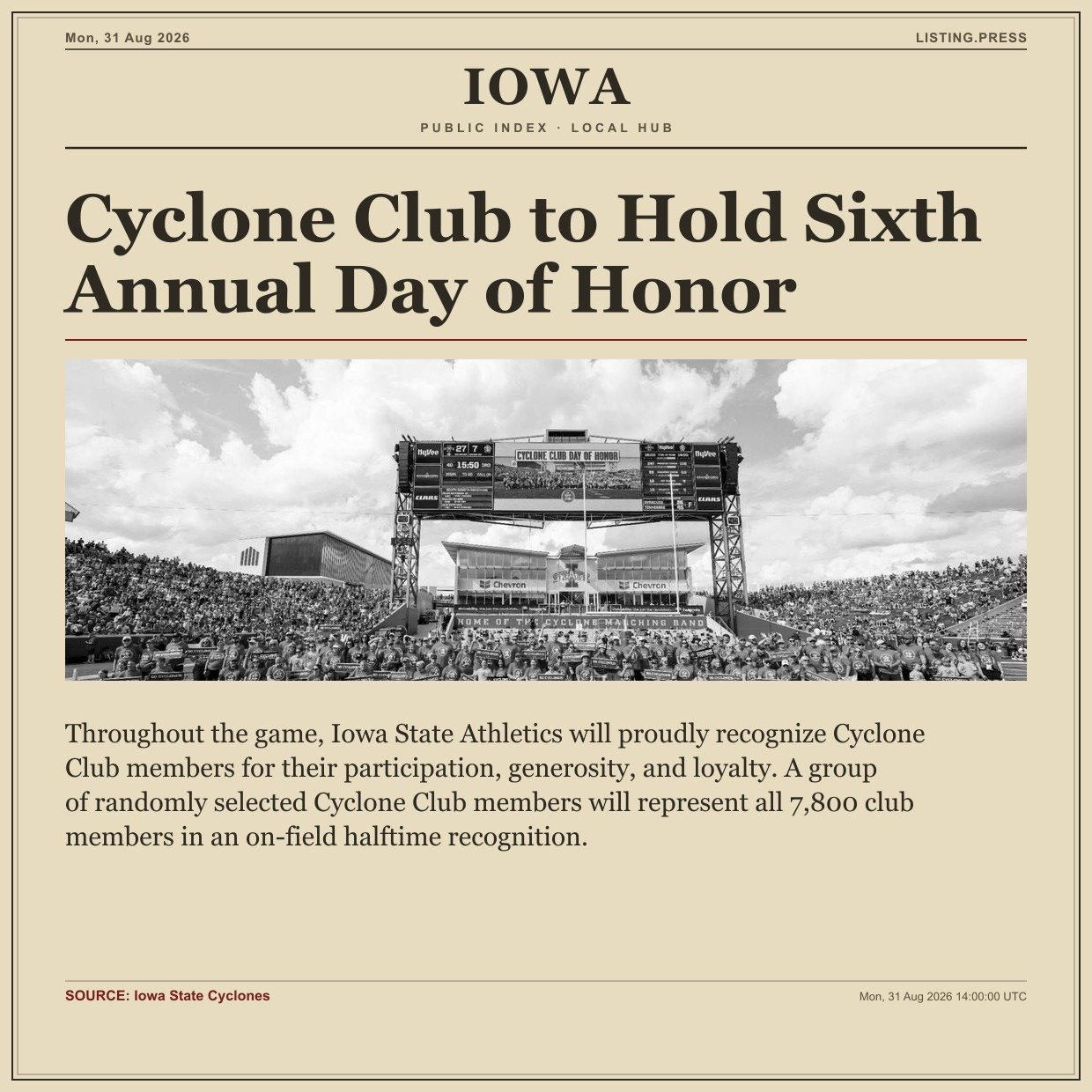 Cyclone Club to Hold Sixth Annual Day of Honor