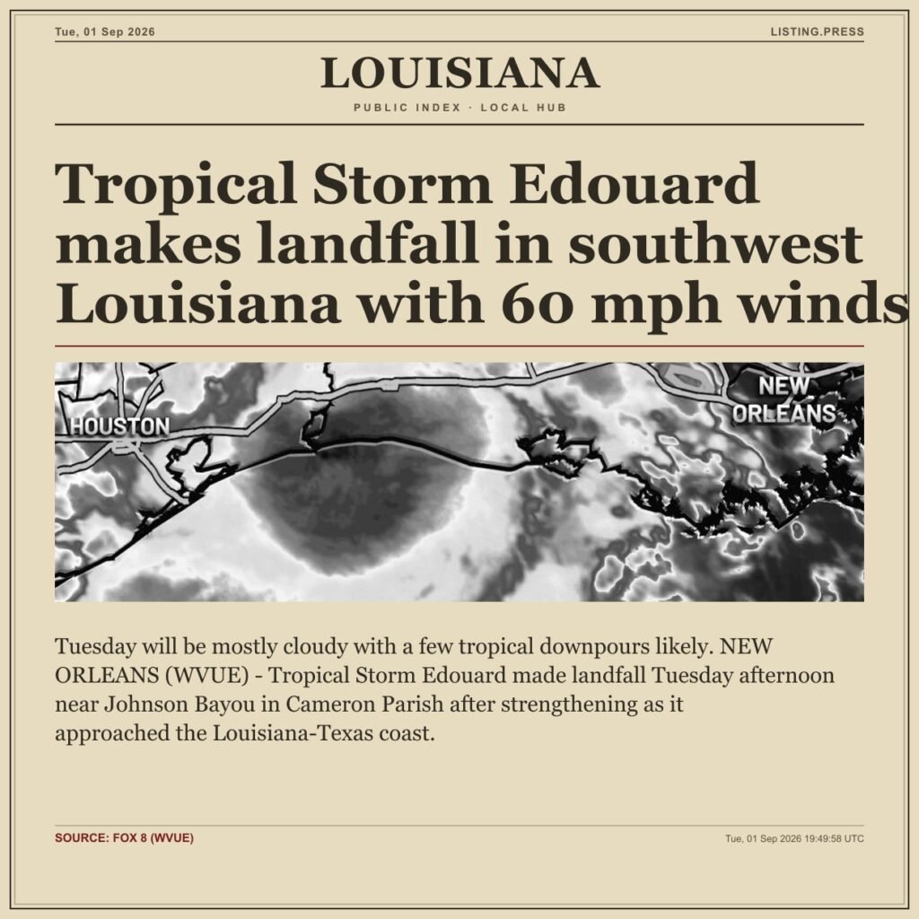 Tropical Storm Edouard makes landfall in southwest Louisiana with 60 mph winds