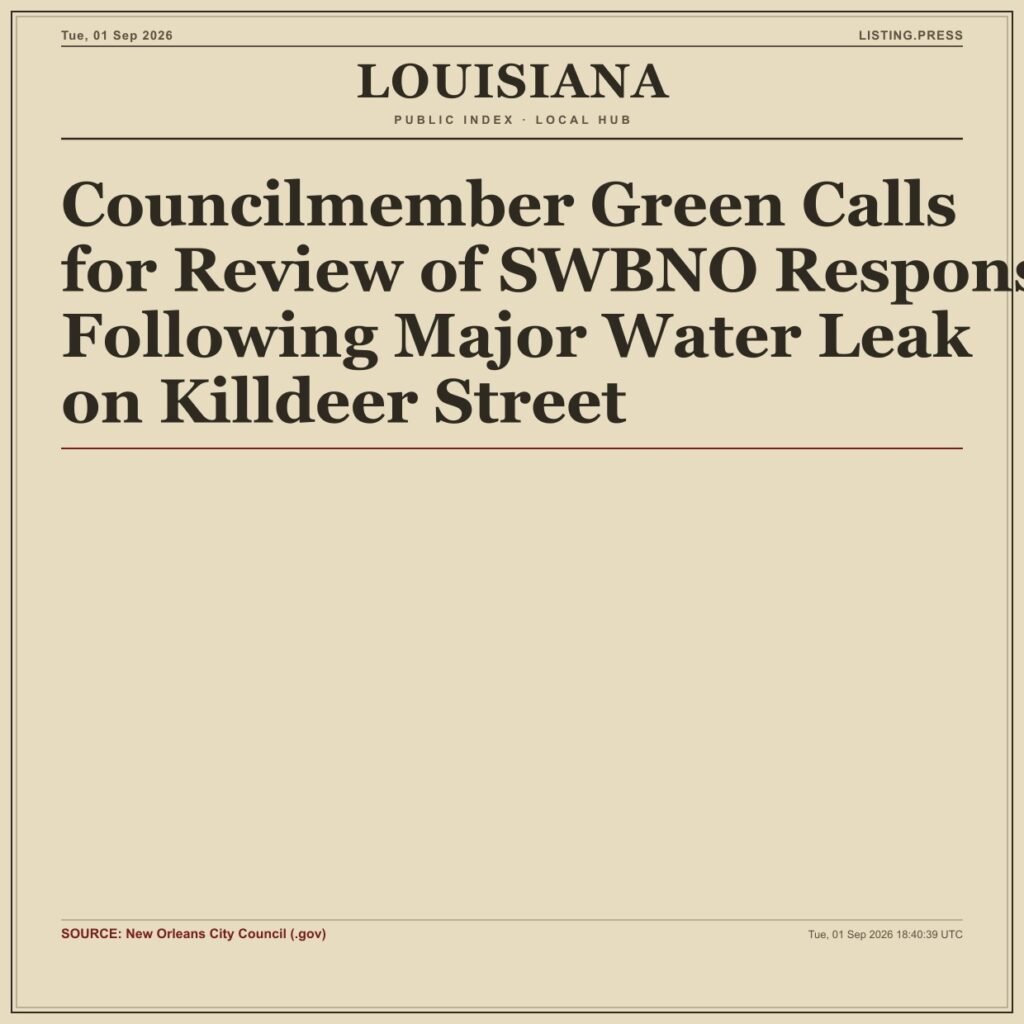 Councilmember Green Calls for Review of SWBNO Response Following Major Water Leak on Killdeer Street