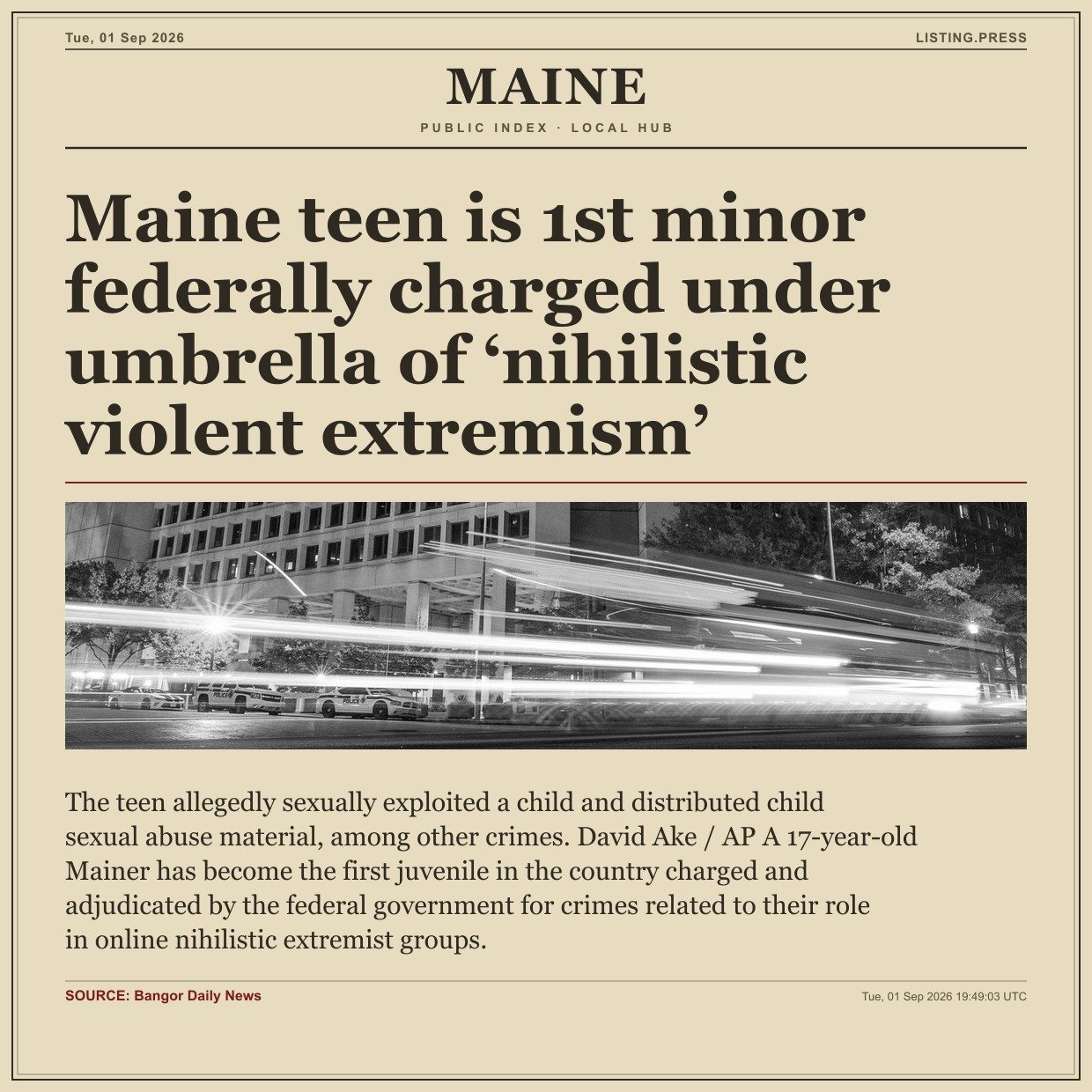 Maine teen is 1st minor federally charged under umbrella of ‘nihilistic violent extremism’