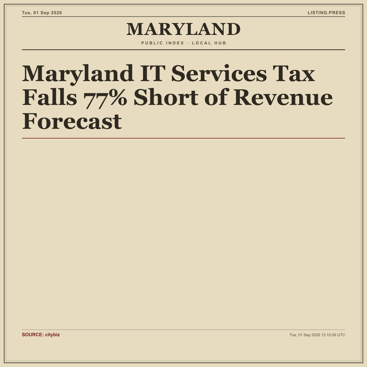Maryland IT Services Tax Falls 77% Short of Revenue Forecast