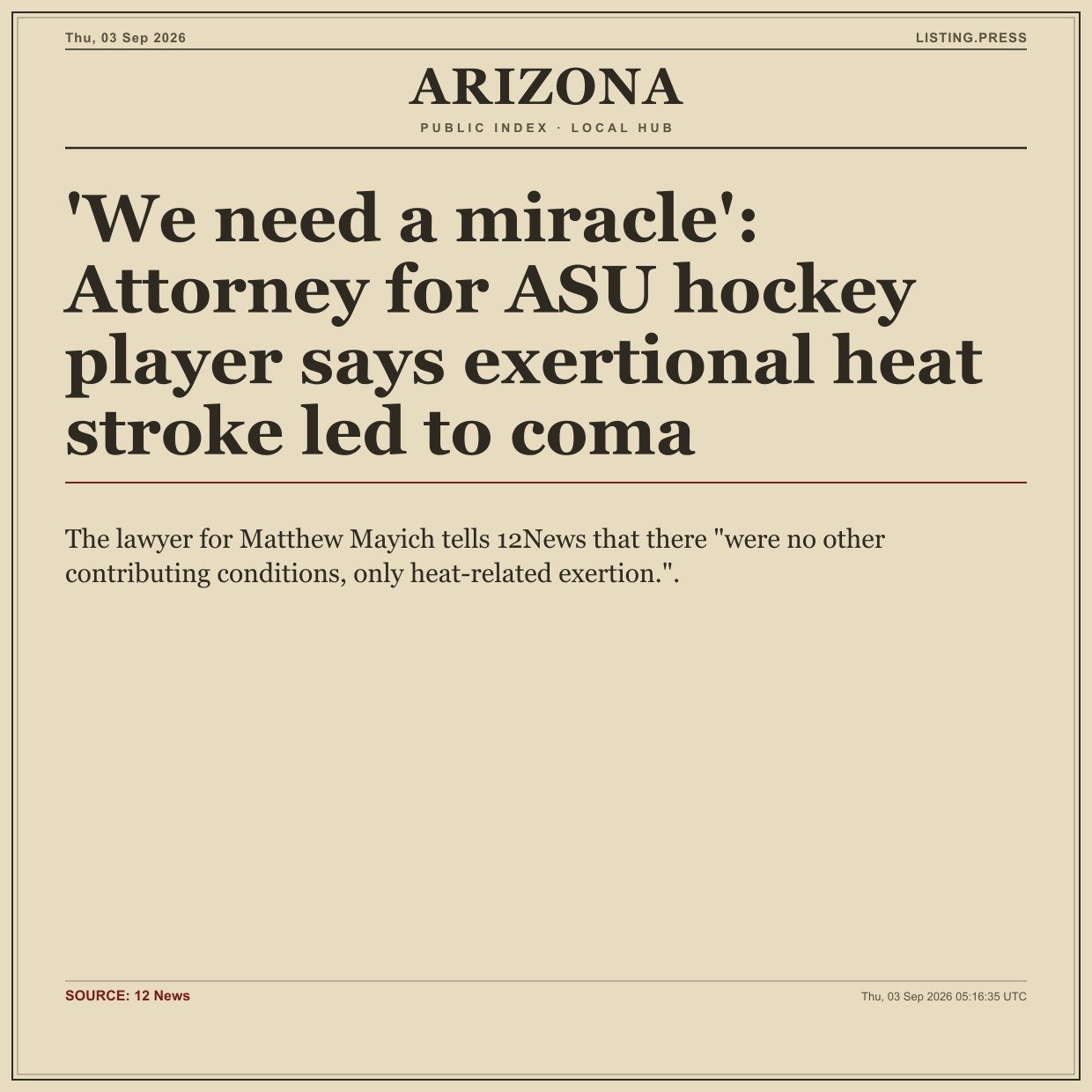'We need a miracle': Attorney for ASU hockey player says exertional heat stroke led to coma