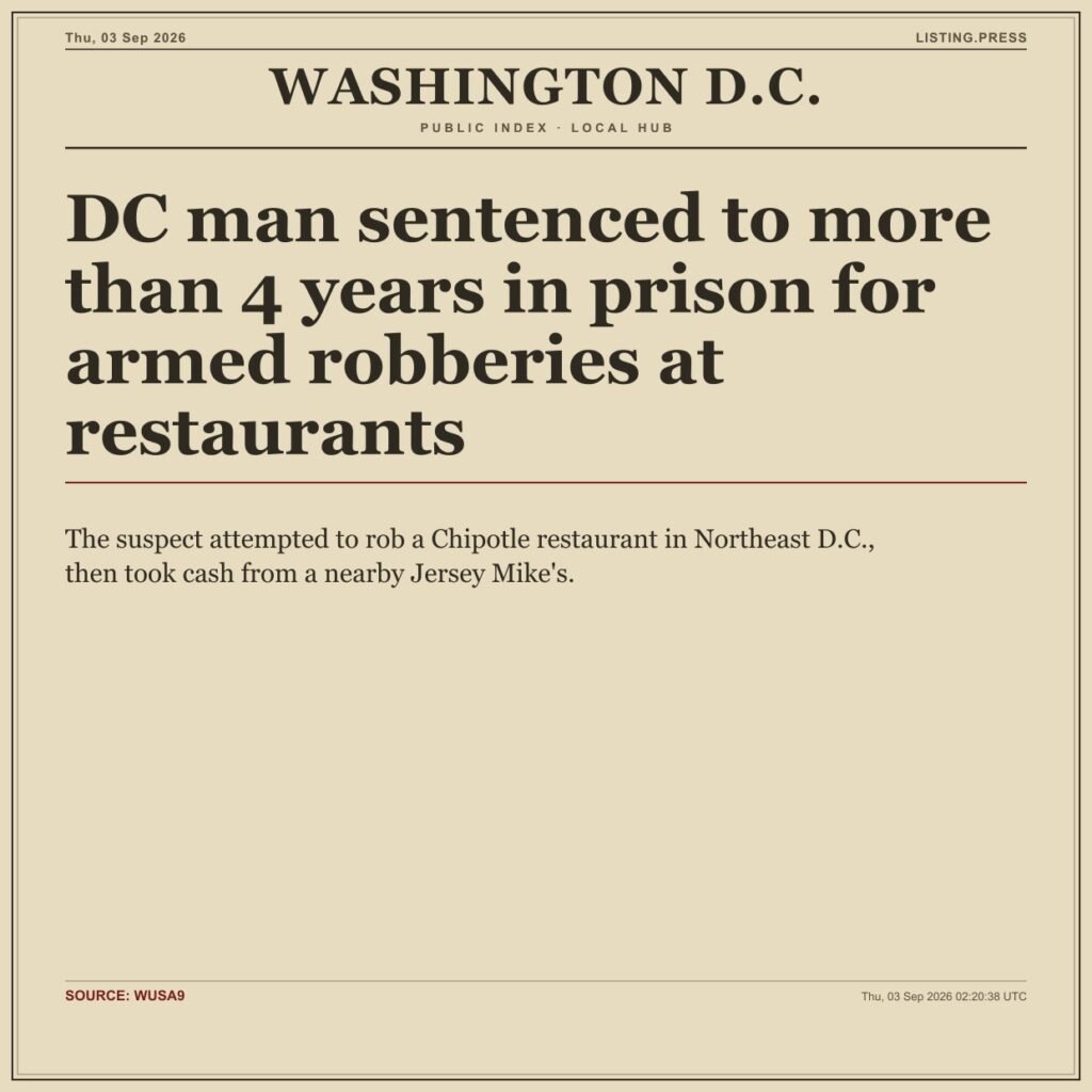 DC man sentenced to more than 4 years in prison for armed robberies at restaurants