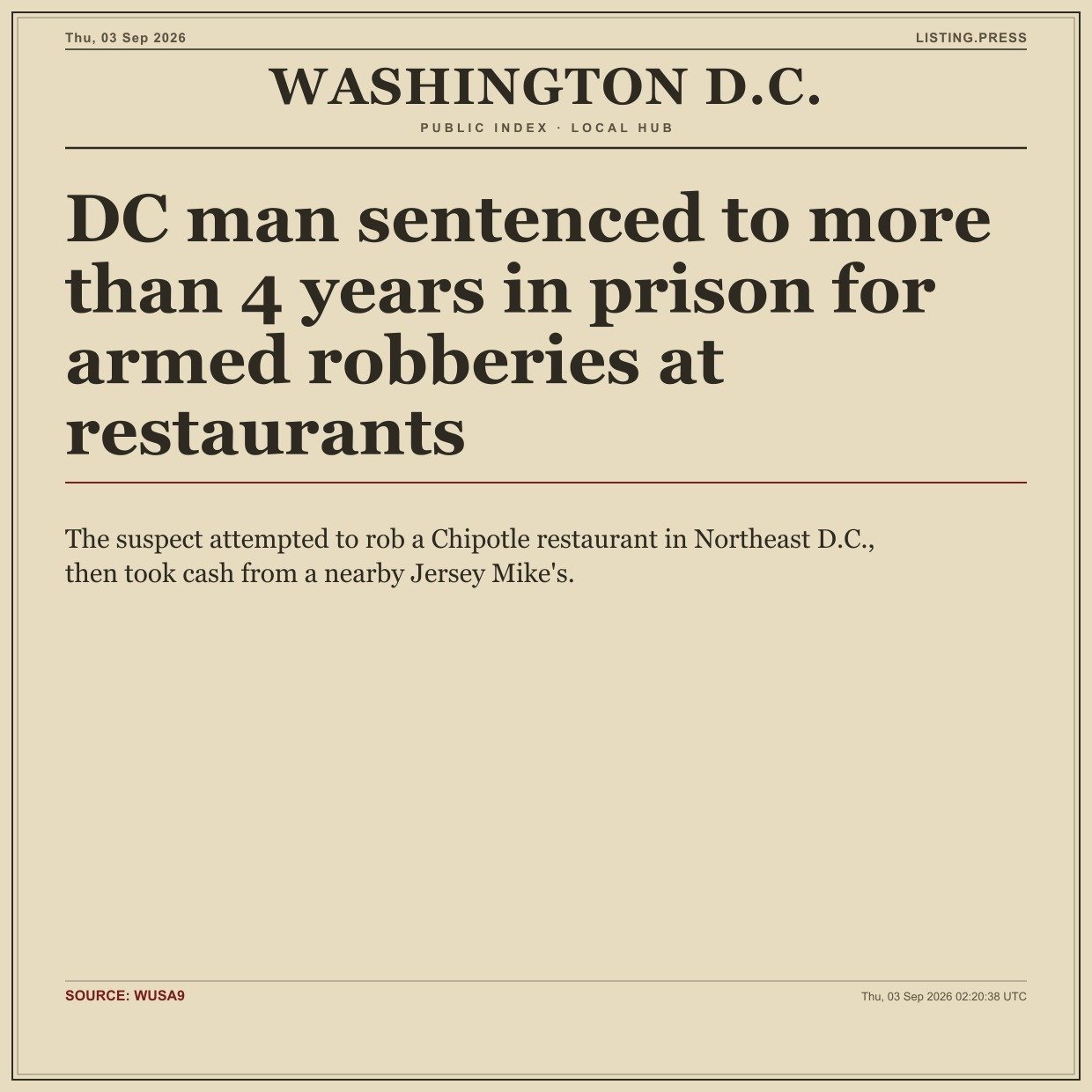 DC man sentenced to more than 4 years in prison for armed robberies at restaurants