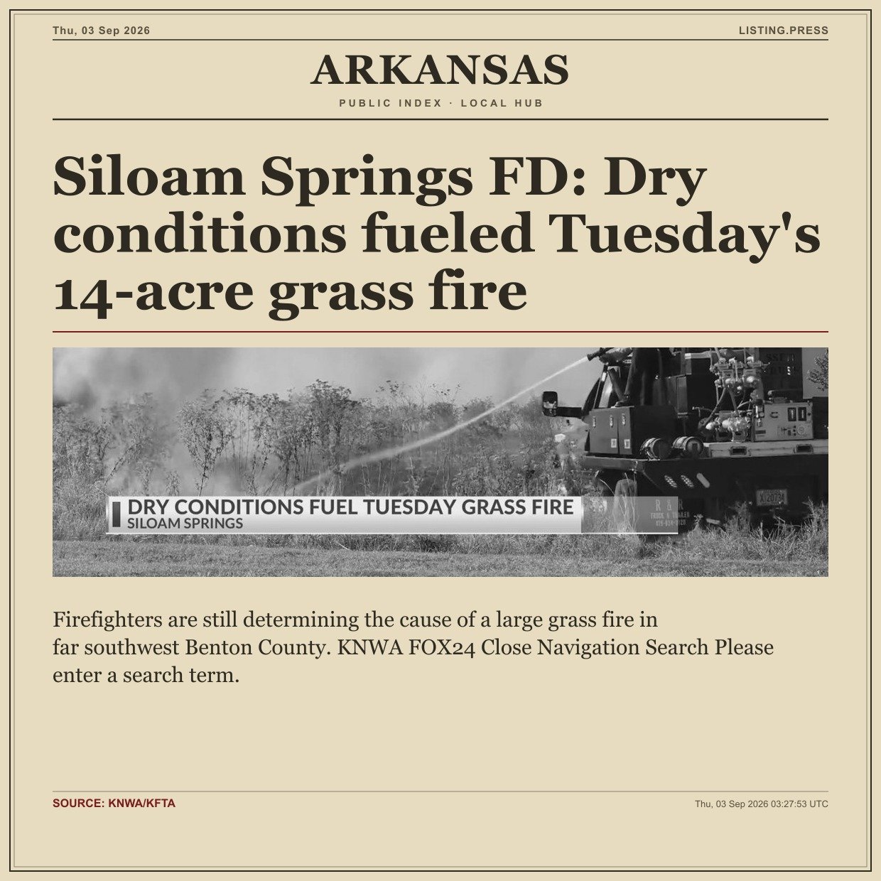 Siloam Springs FD: Dry conditions fueled Tuesday's 14-acre grass fire