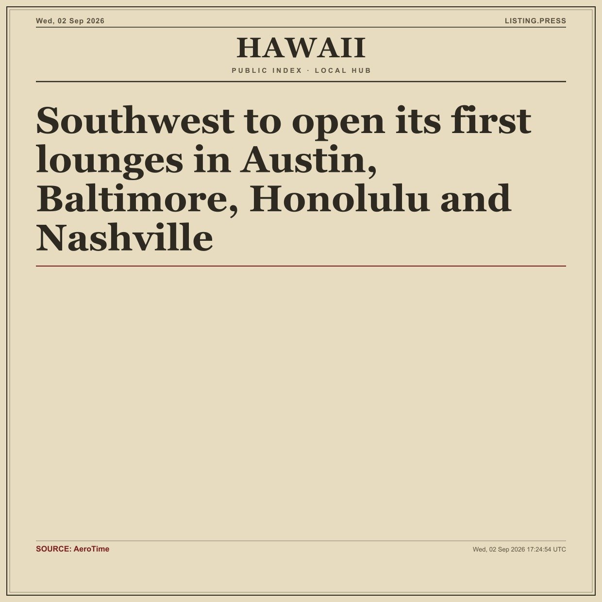Southwest to open its first lounges in Austin, Baltimore, Honolulu and Nashville