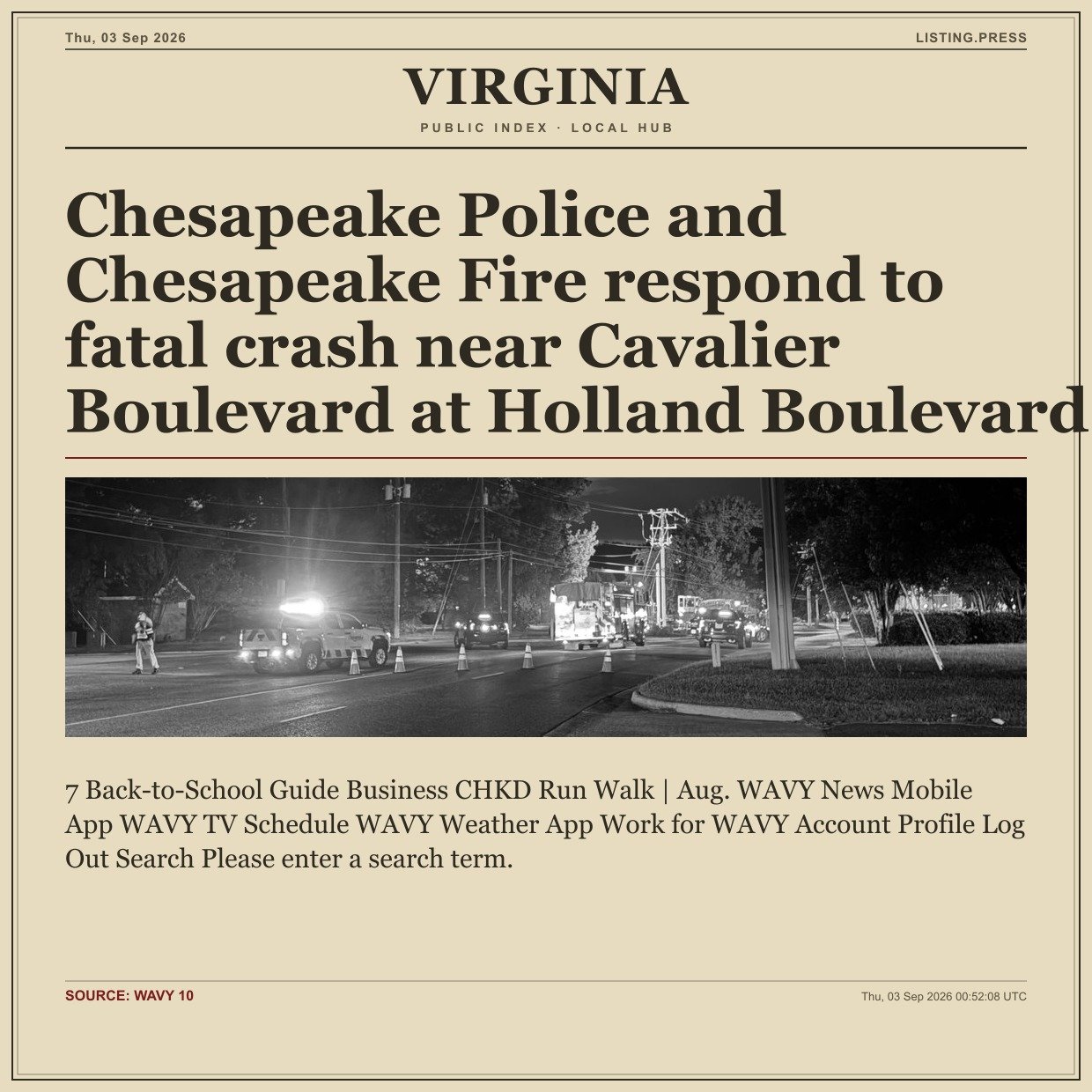 Chesapeake Police and Chesapeake Fire respond to fatal crash near Cavalier Boulevard at Holland Boulevard