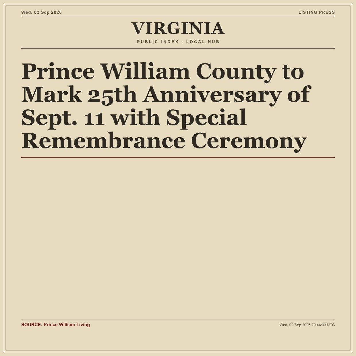 Prince William County to Mark 25th Anniversary of Sept. 11 with Special Remembrance Ceremony
