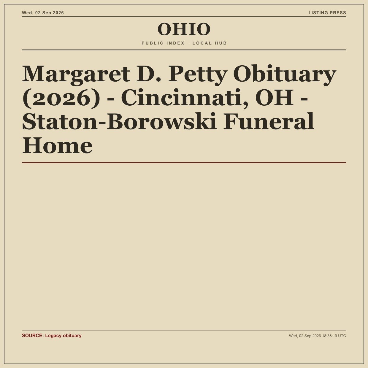 Margaret D. Petty Obituary (2026) - Cincinnati, OH - Staton-Borowski Funeral Home