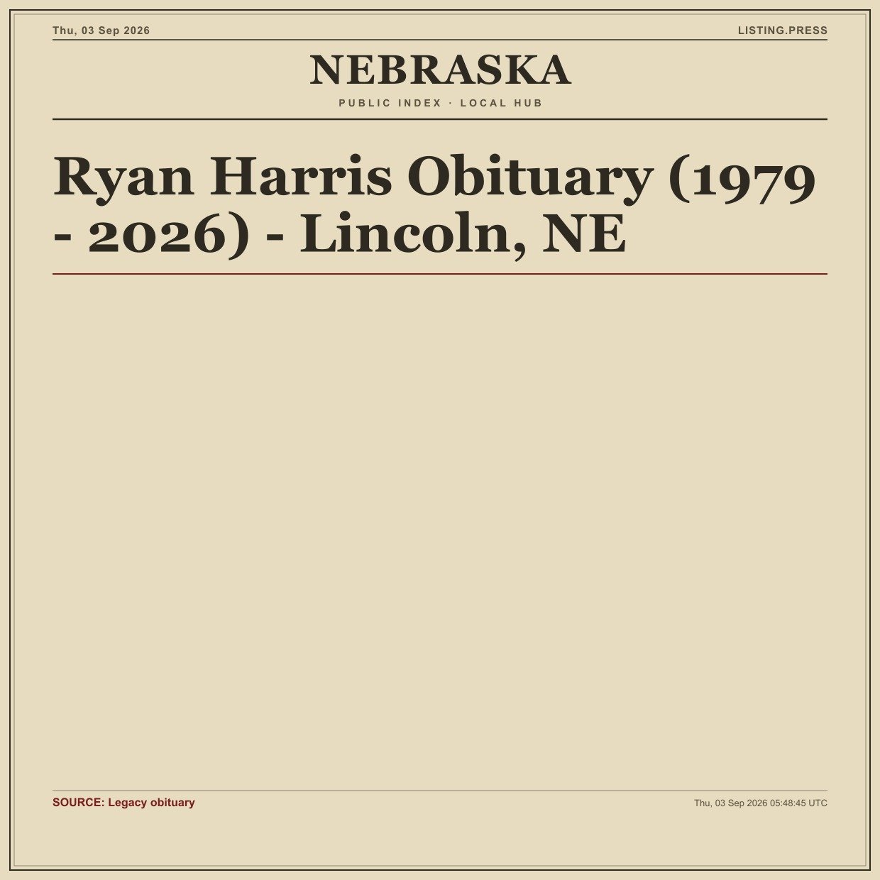 Ryan Harris Obituary (1979 - 2026) - Lincoln, NE