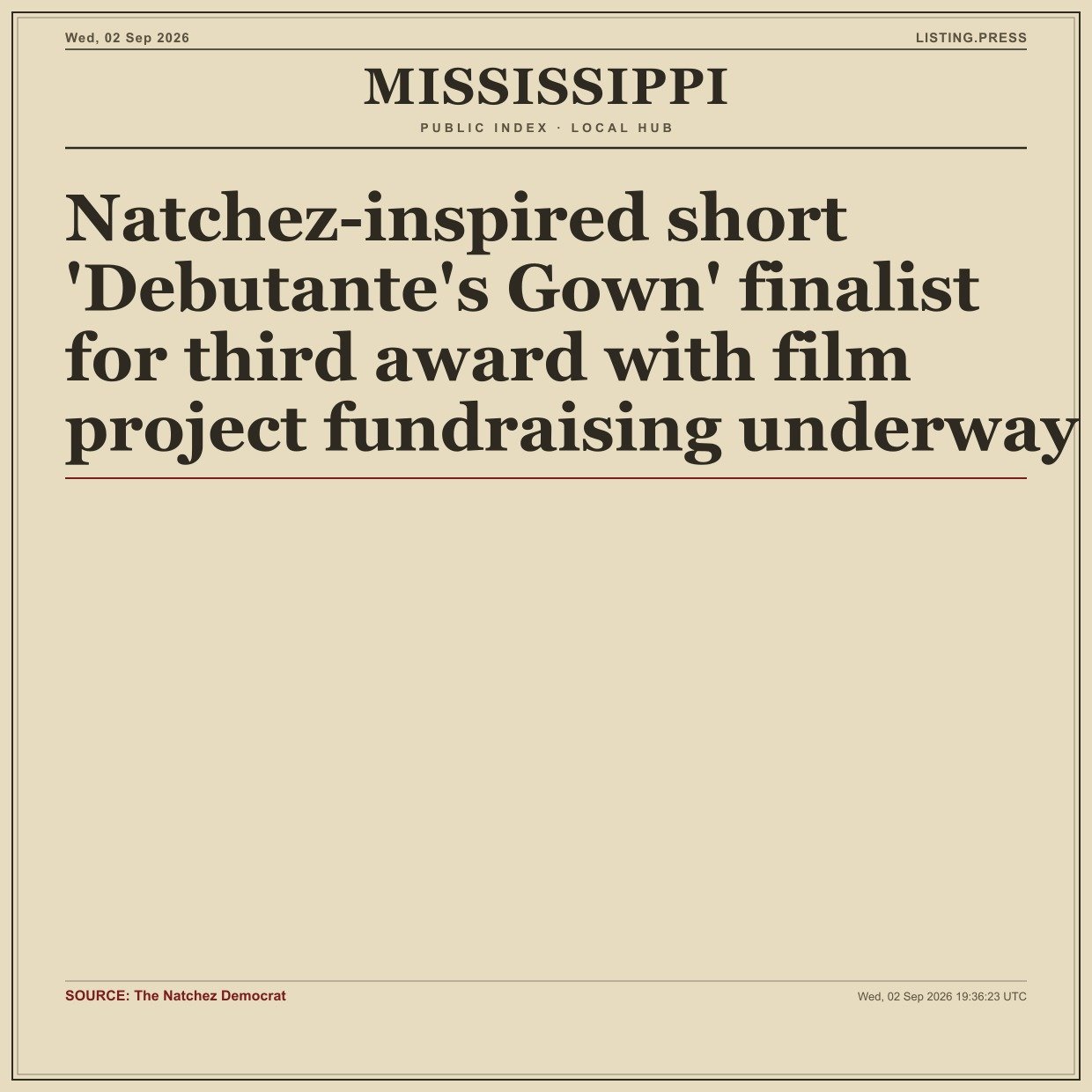 Natchez-inspired short 'Debutante's Gown' finalist for third award with film project fundraising underway
