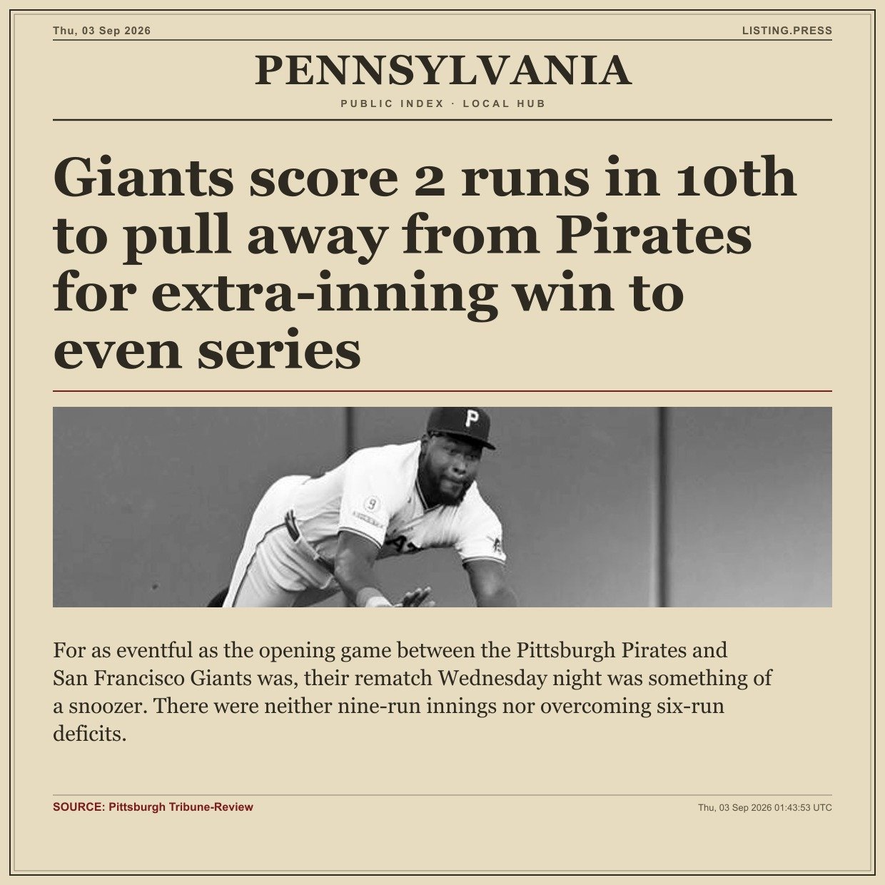 Giants score 2 runs in 10th to pull away from Pirates for extra-inning win to even series