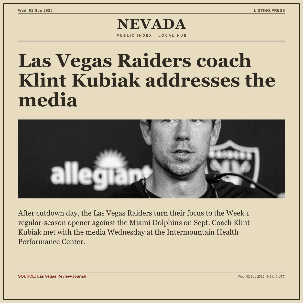 Las Vegas Raiders coach Klint Kubiak addresses the media