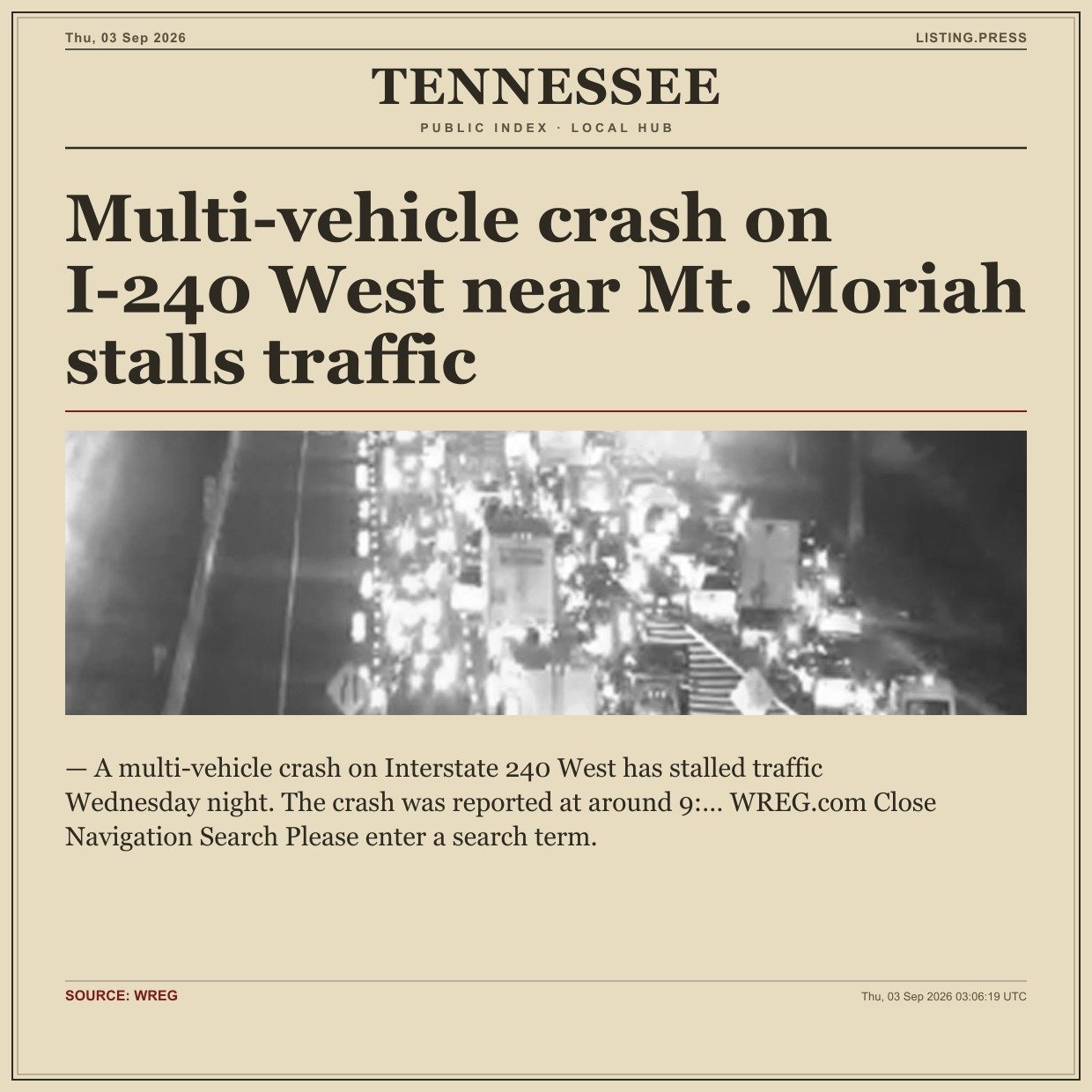 Multi-vehicle crash on I-240 West near Mt. Moriah stalls traffic