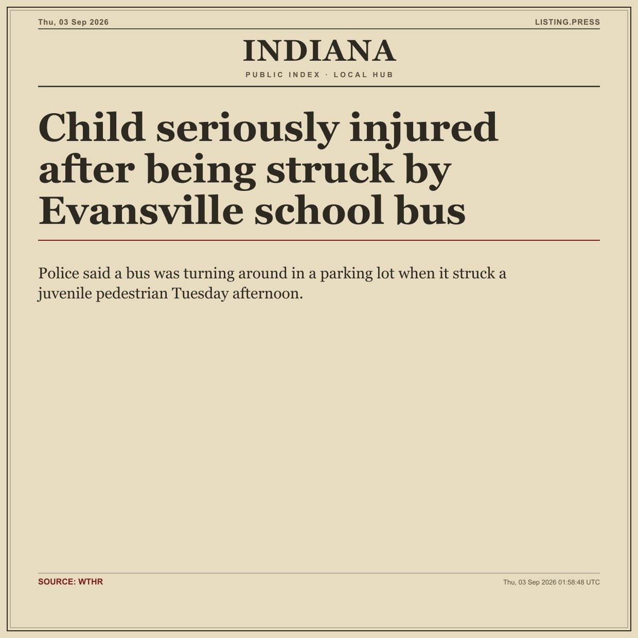 Child seriously injured after being struck by Evansville school bus
