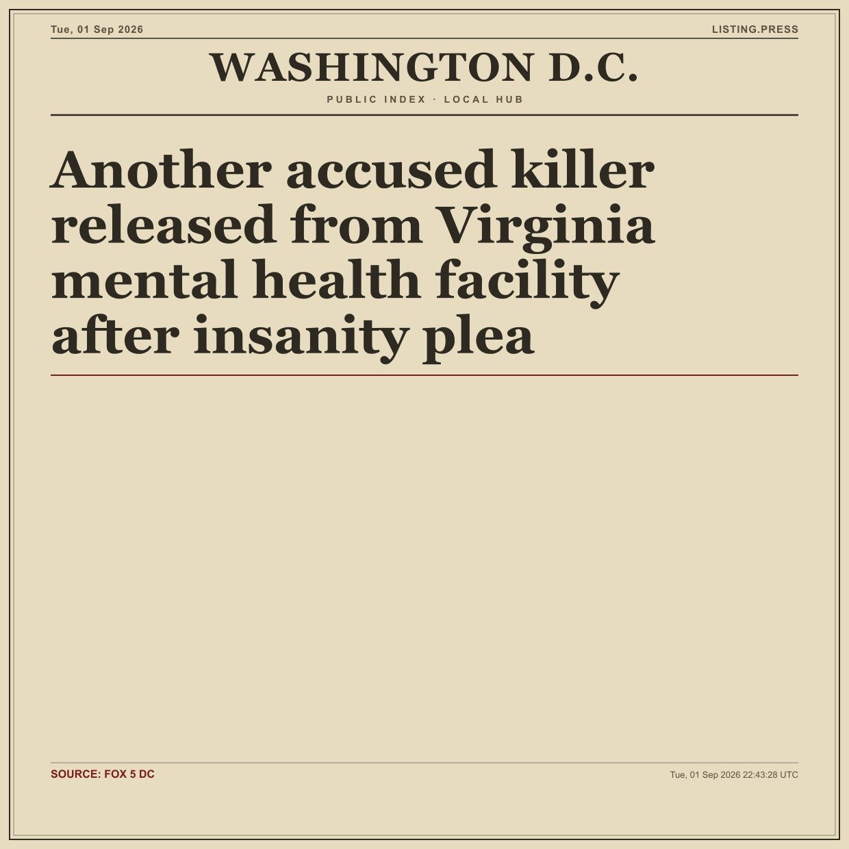 Another accused killer released from Virginia mental health facility after insanity plea
