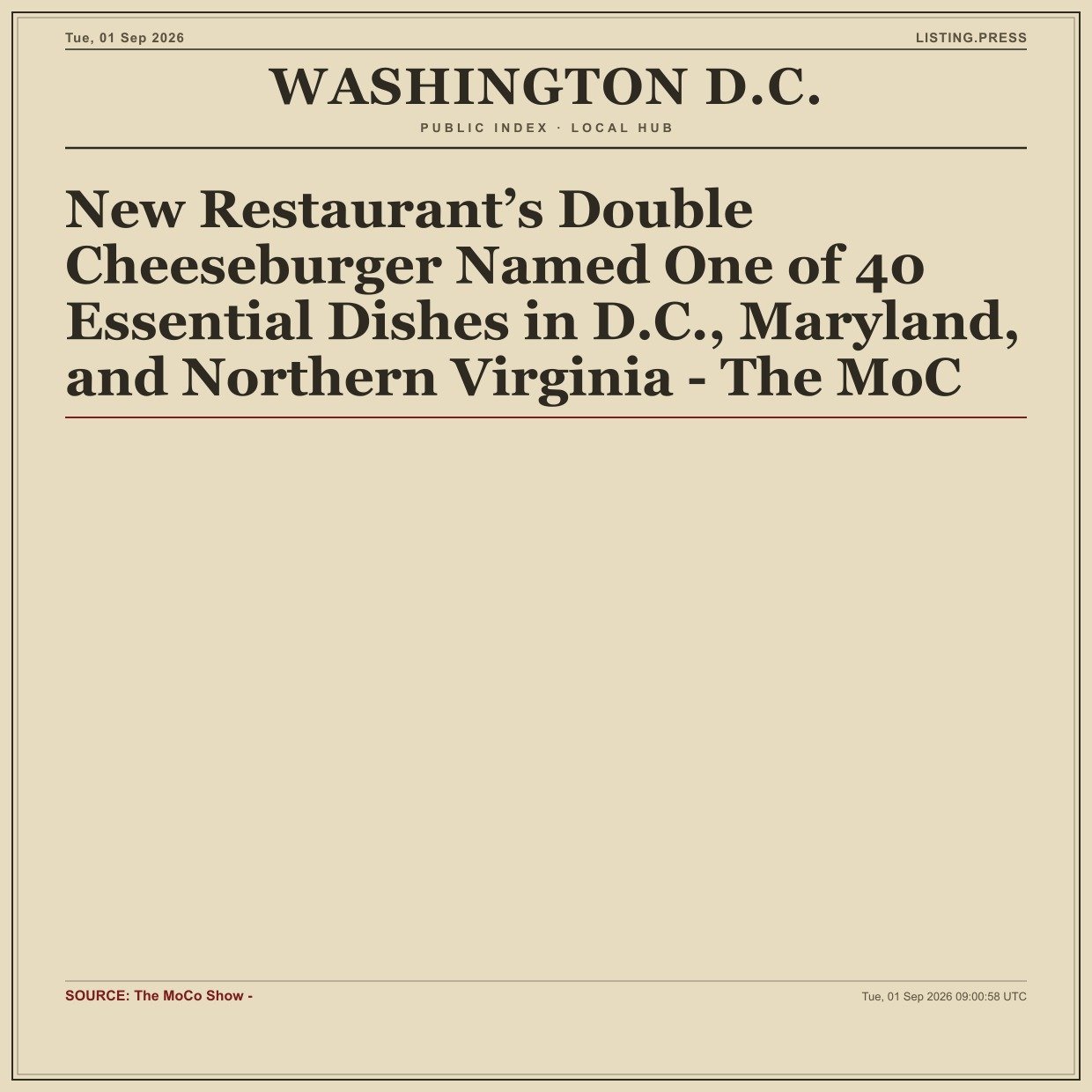 New Restaurant’s Double Cheeseburger Named One of 40 Essential Dishes in D.C., Maryland, and Northern Virginia - The MoC