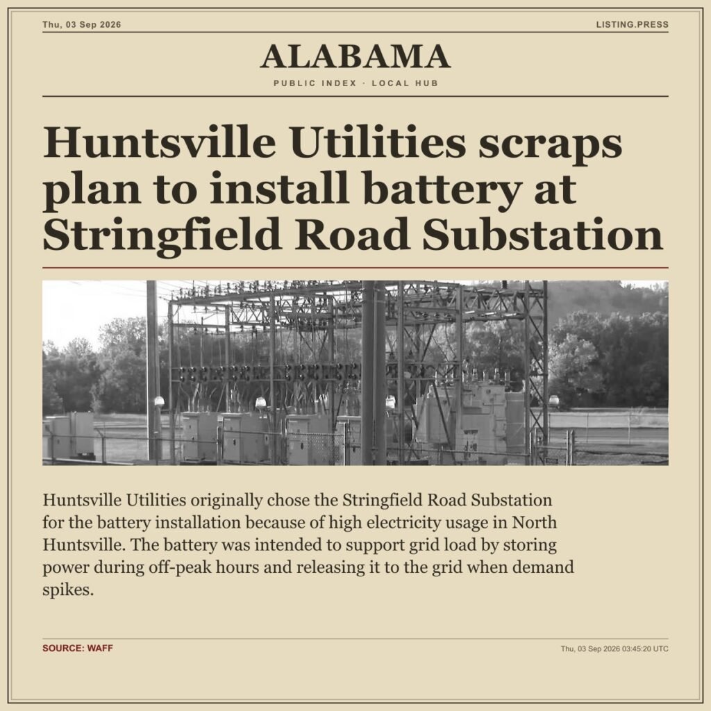 Huntsville Utilities scraps plan to install battery at Stringfield Road Substation