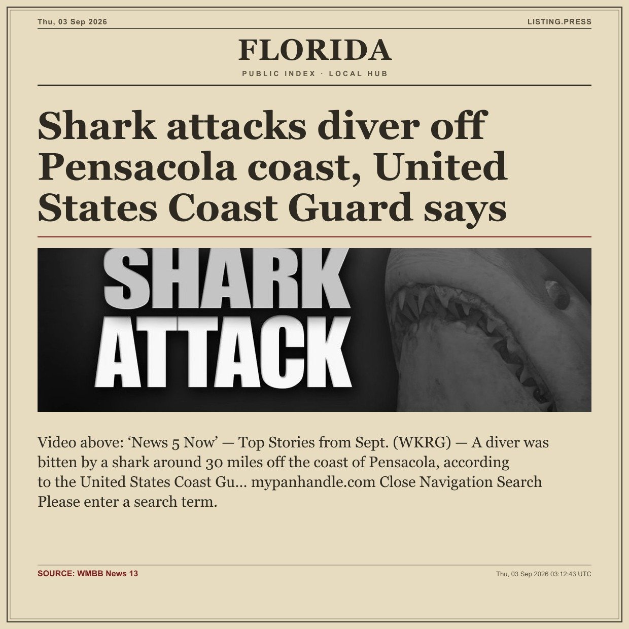 Shark attacks diver off Pensacola coast, United States Coast Guard says
