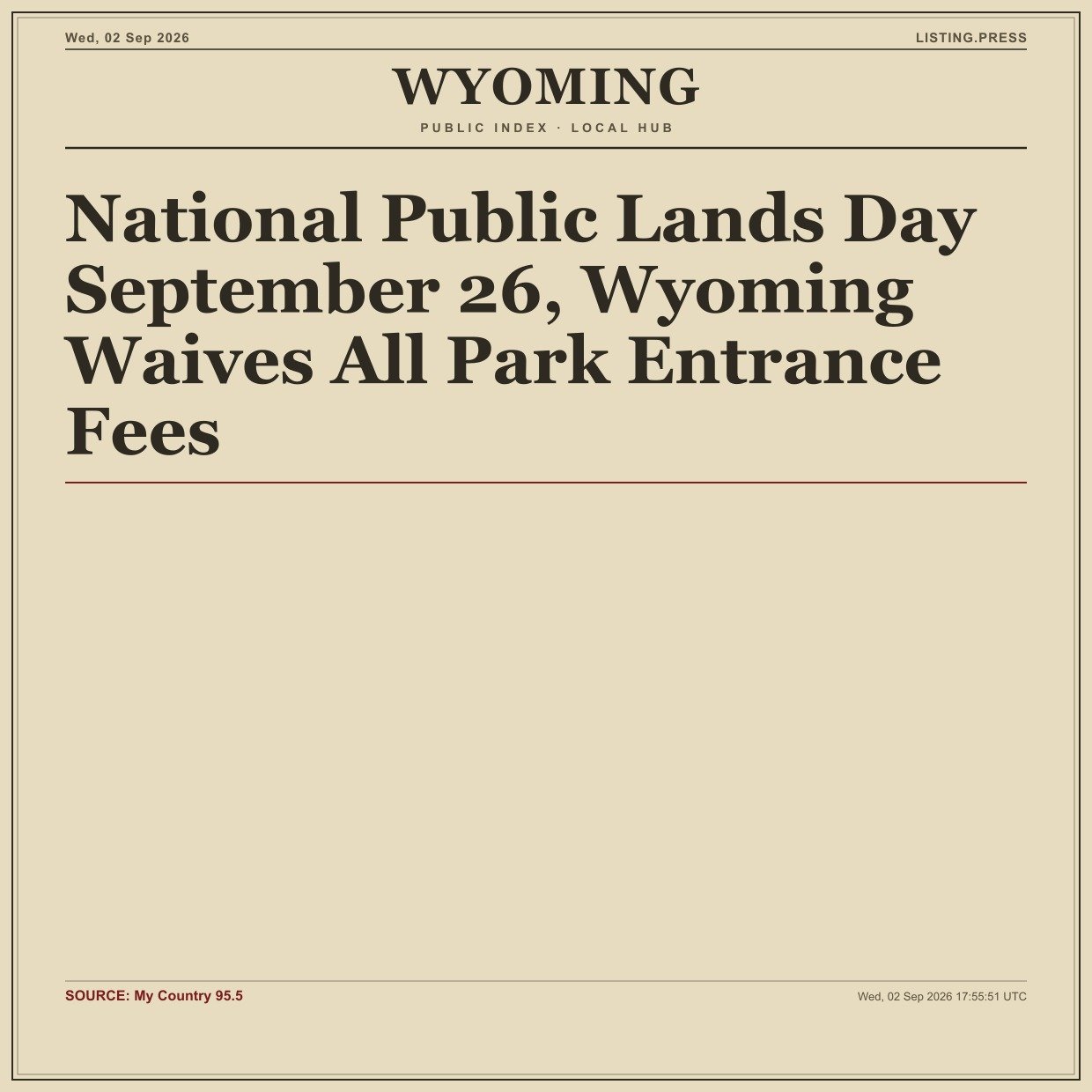 National Public Lands Day September 26, Wyoming Waives All Park Entrance Fees