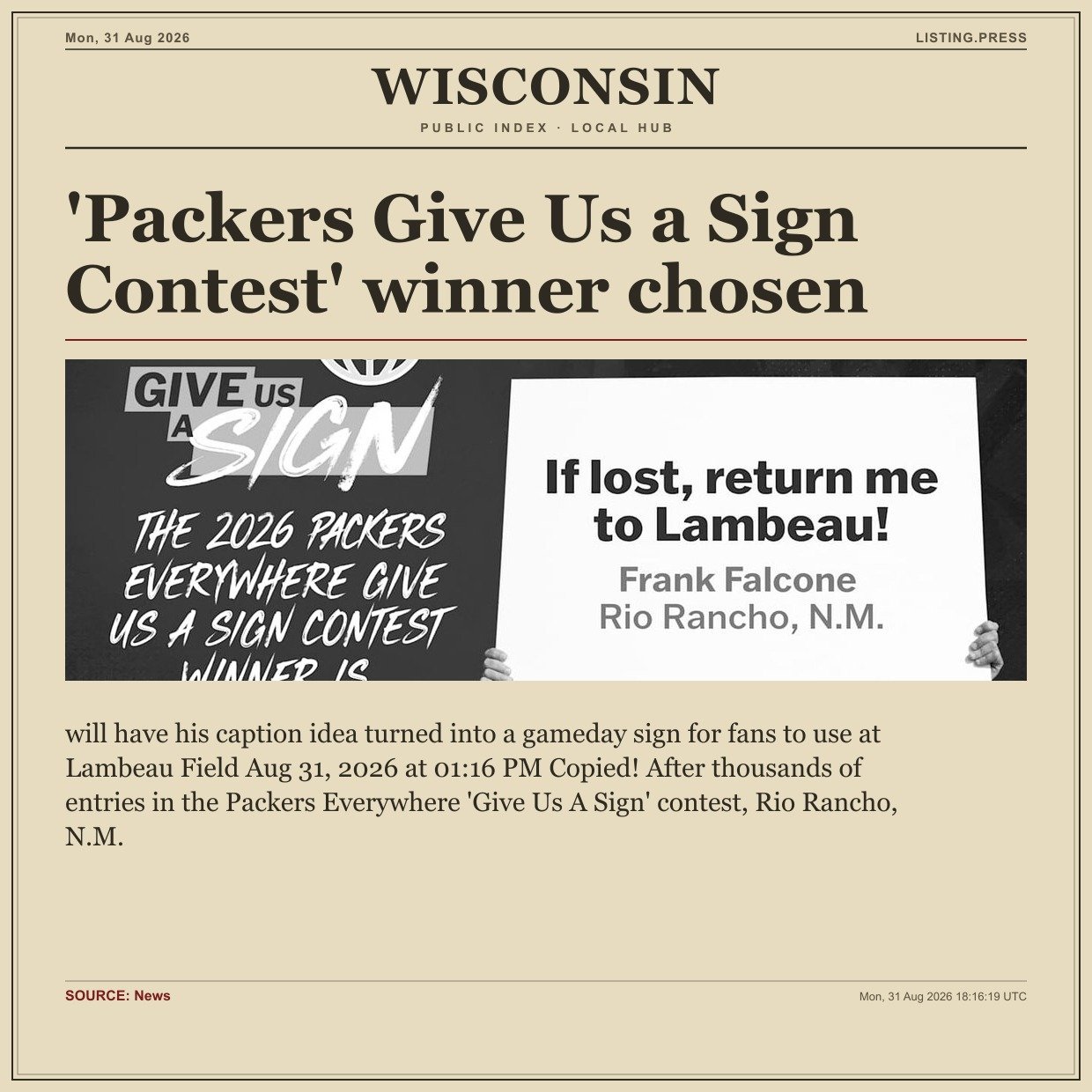'Packers Give Us a Sign Contest' winner chosen