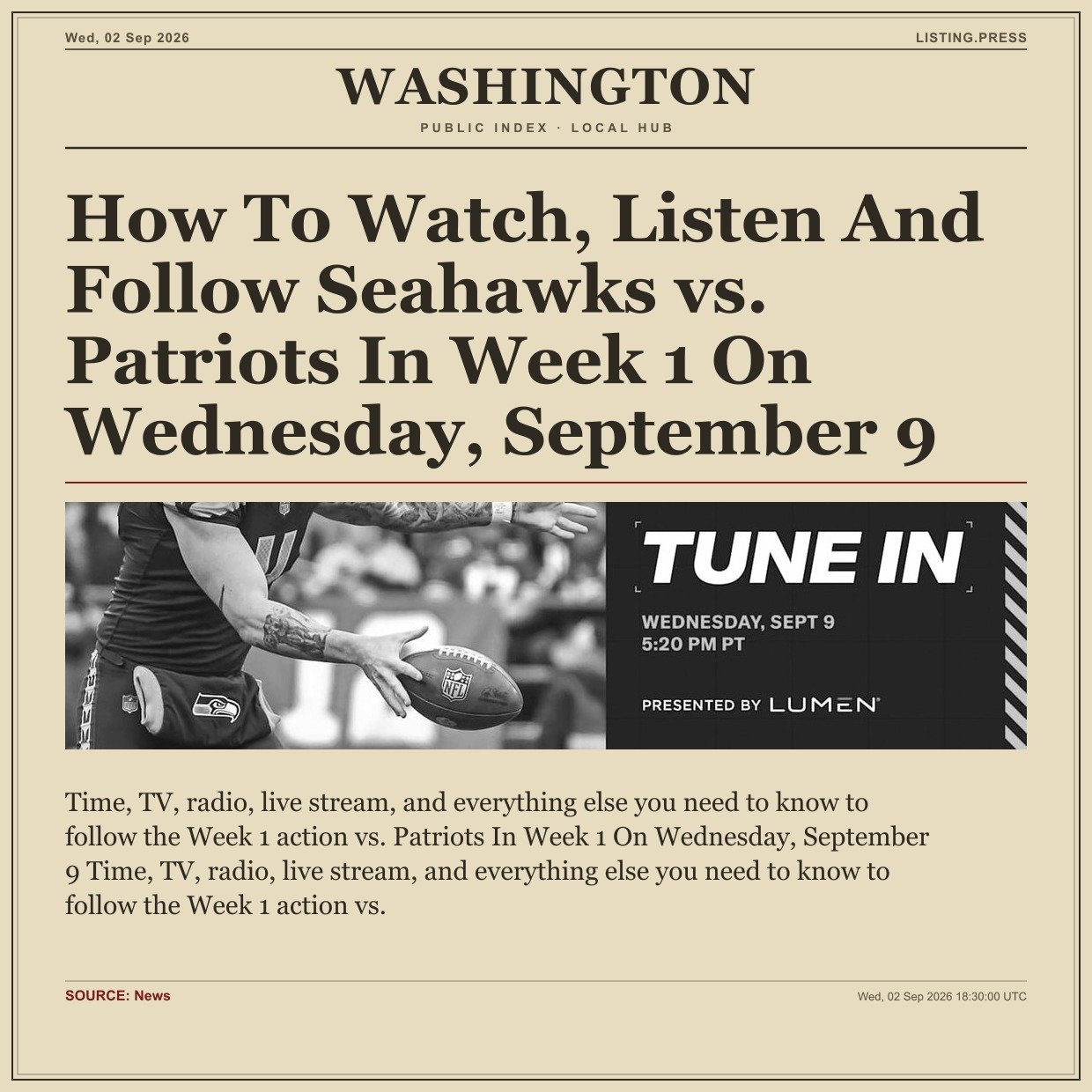 How To Watch, Listen And Follow Seahawks vs. Patriots In Week 1 On Wednesday, September 9