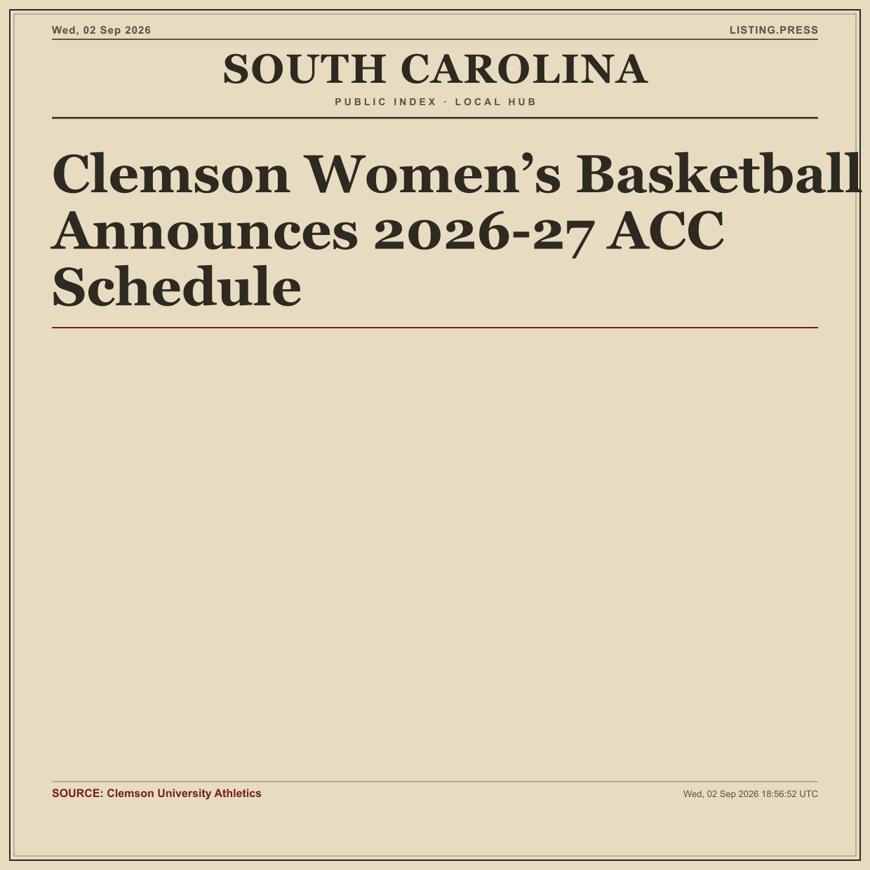 Clemson Women’s Basketball Announces 2026-27 ACC Schedule