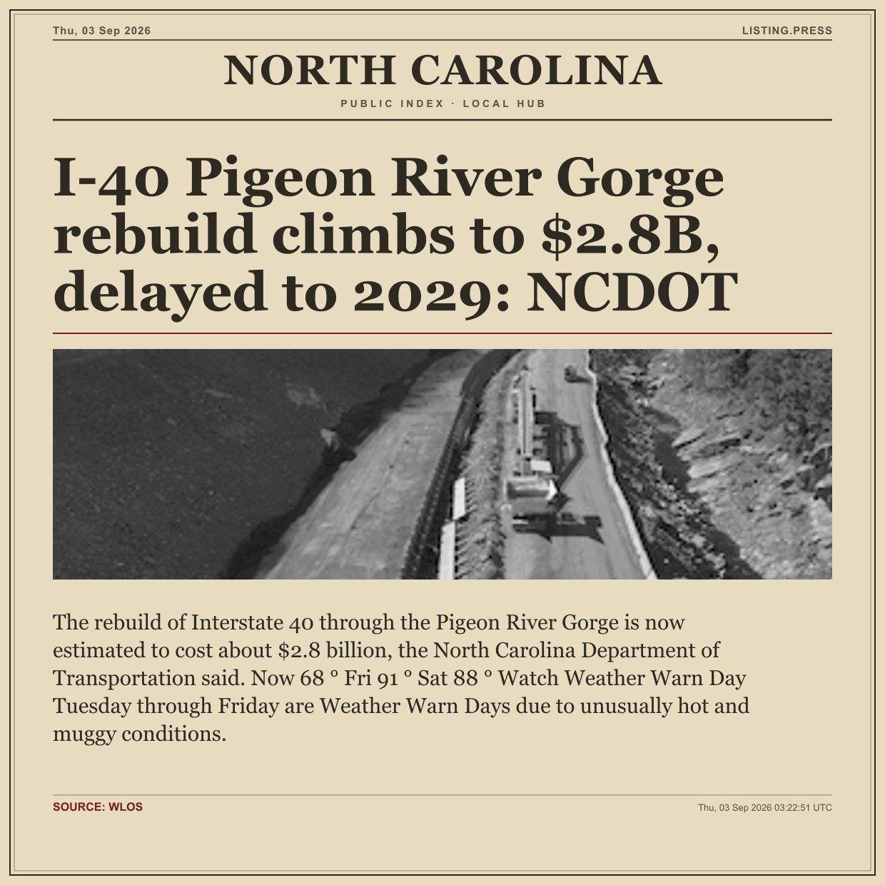 I-40 Pigeon River Gorge rebuild climbs to $2.8B, delayed to 2029: NCDOT