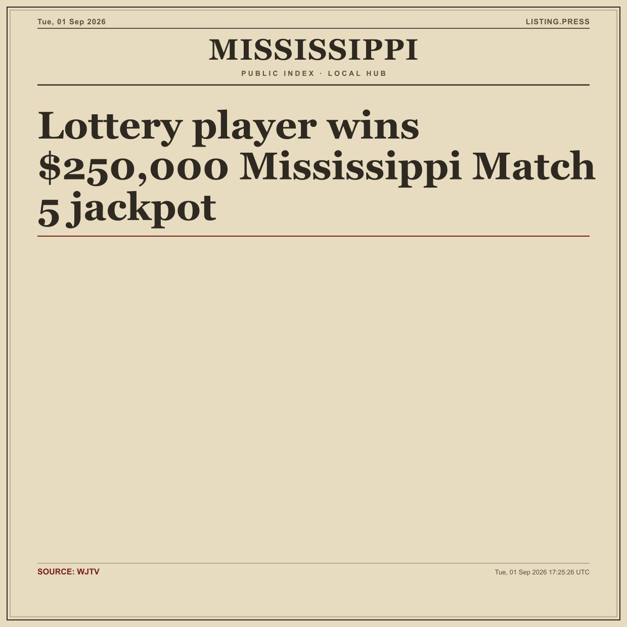 Lottery player wins $250,000 Mississippi Match 5 jackpot