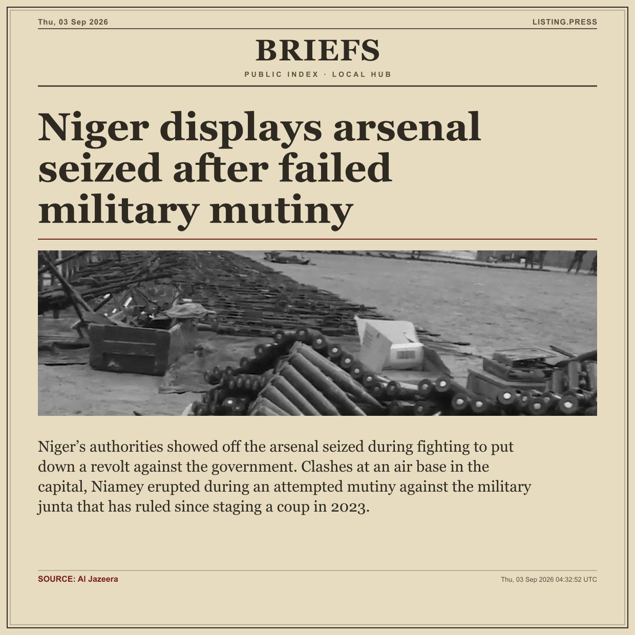 Niger displays arsenal seized after failed military mutiny