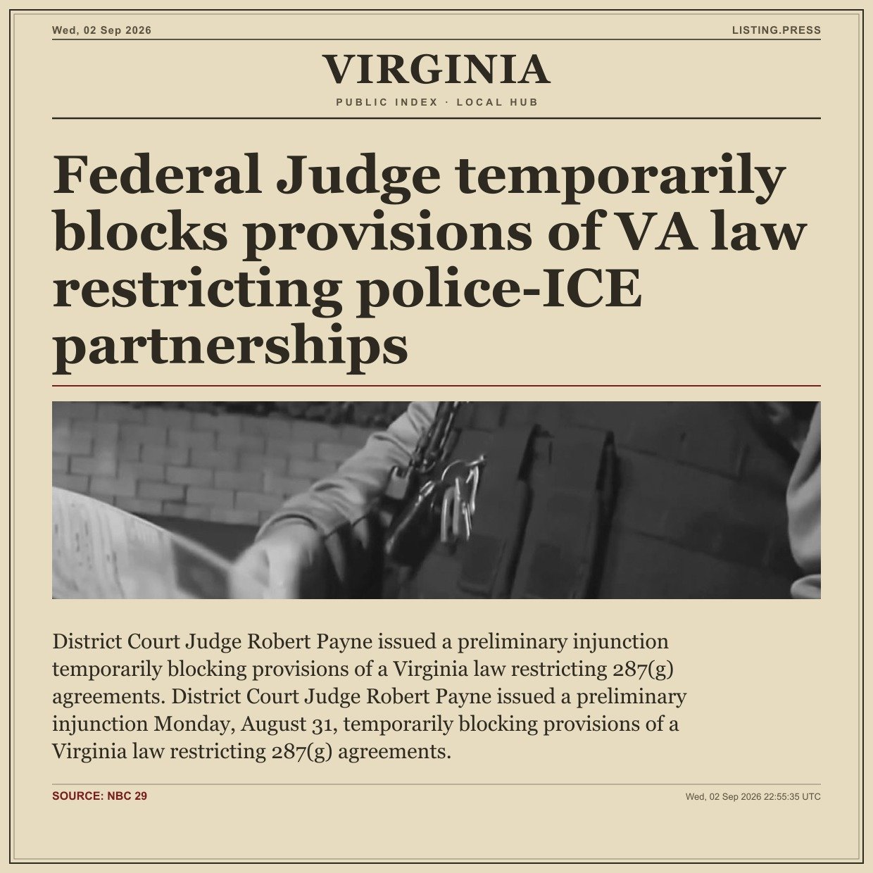 Federal Judge temporarily blocks provisions of VA law restricting police-ICE partnerships