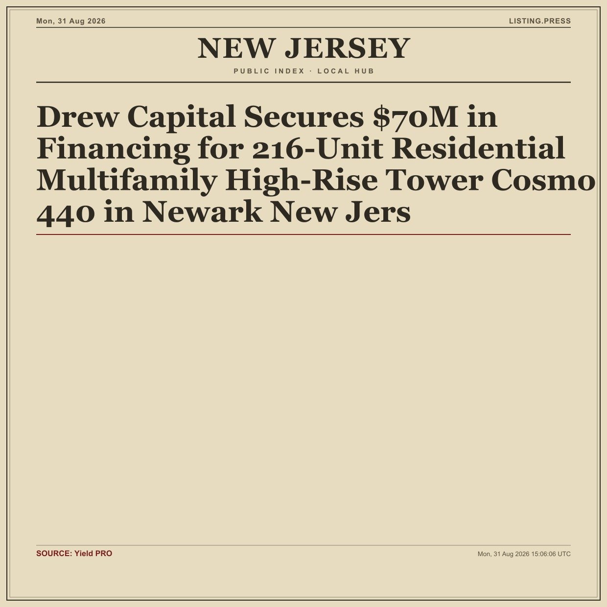 Drew Capital Secures $70M in Financing for 216-Unit Residential Multifamily High-Rise Tower Cosmo 440 in Newark New Jers