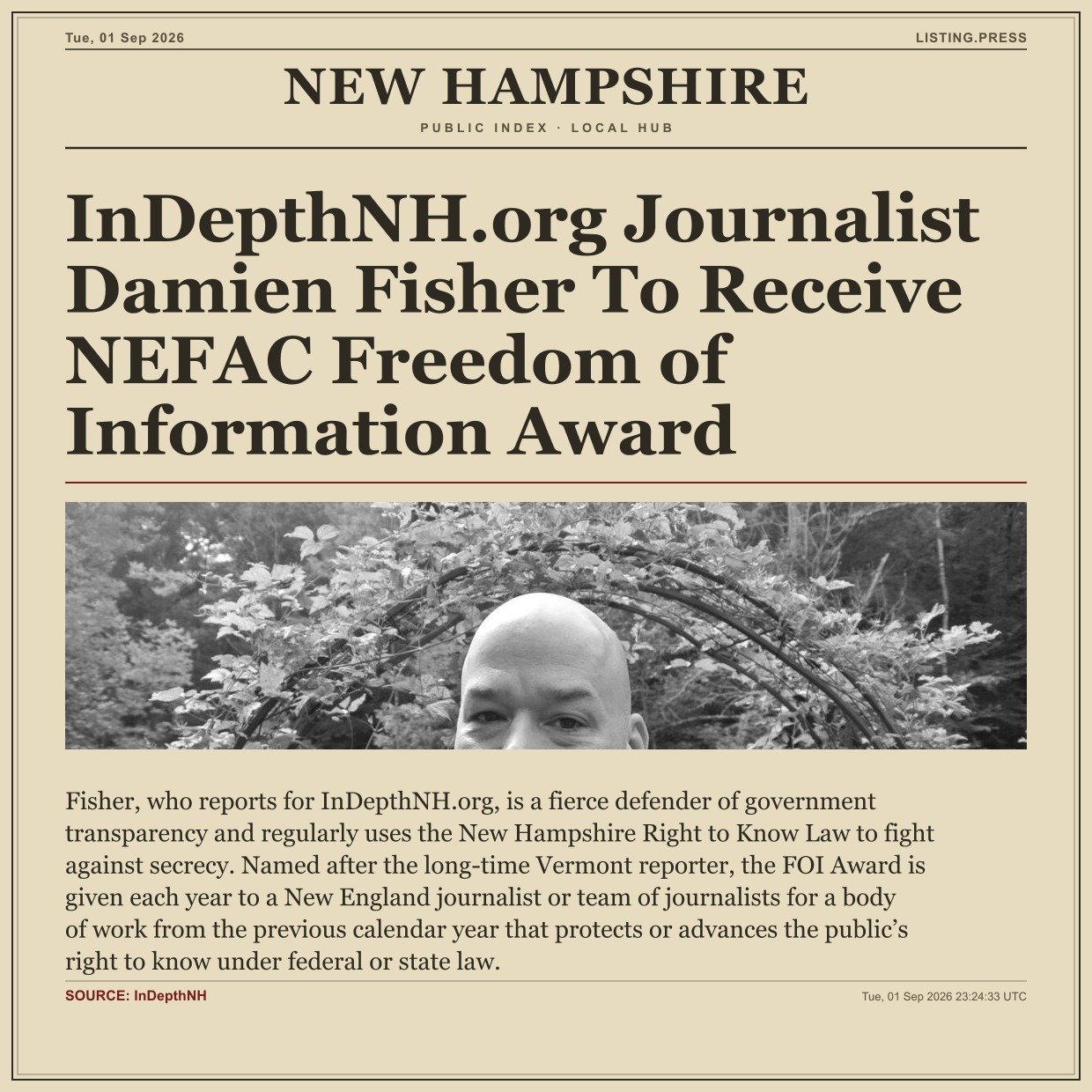 InDepthNH.org Journalist Damien Fisher To Receive NEFAC Freedom of Information Award