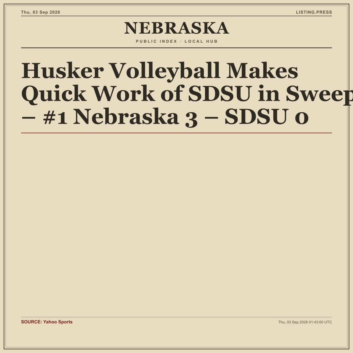 Husker Volleyball Makes Quick Work of SDSU in Sweep – #1 Nebraska 3 – SDSU 0