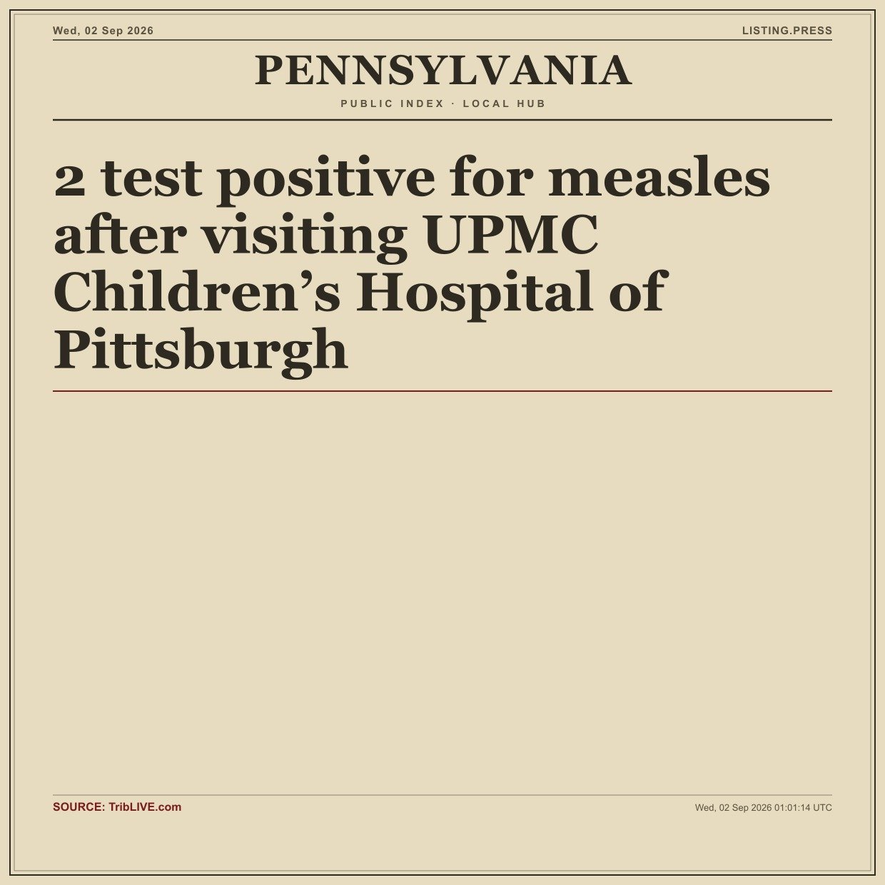 2 test positive for measles after visiting UPMC Children’s Hospital of Pittsburgh