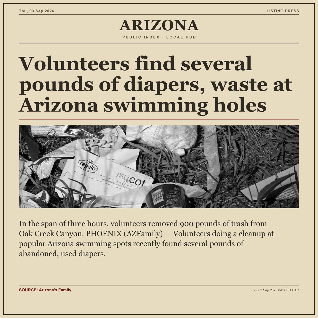 Volunteers find several pounds of diapers, waste at Arizona swimming holes