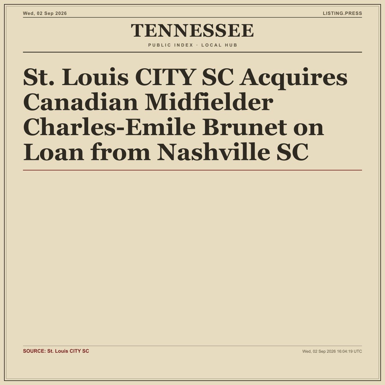 St. Louis CITY SC Acquires Canadian Midfielder Charles-Emile Brunet on Loan from Nashville SC