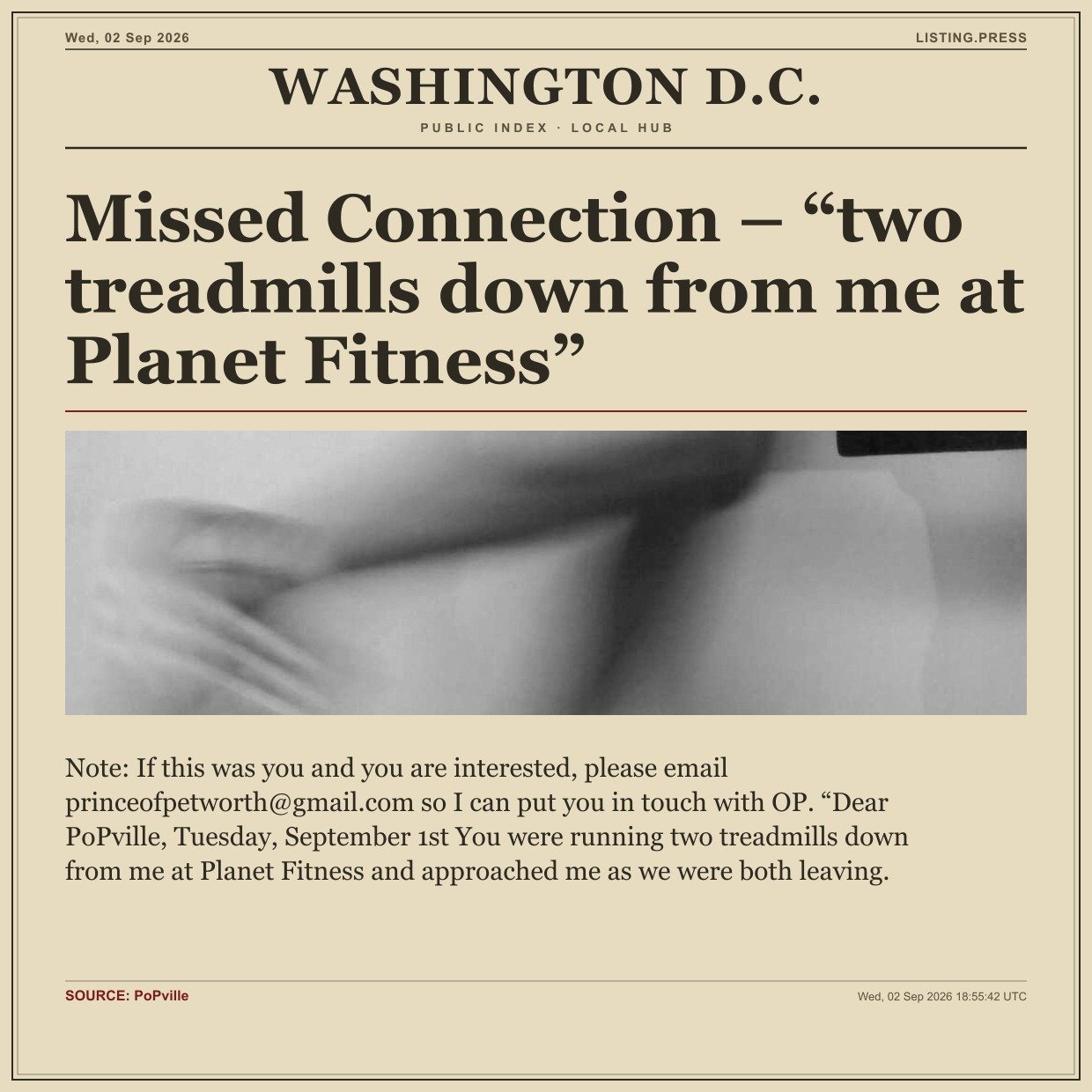 Missed Connection – “two treadmills down from me at Planet Fitness”