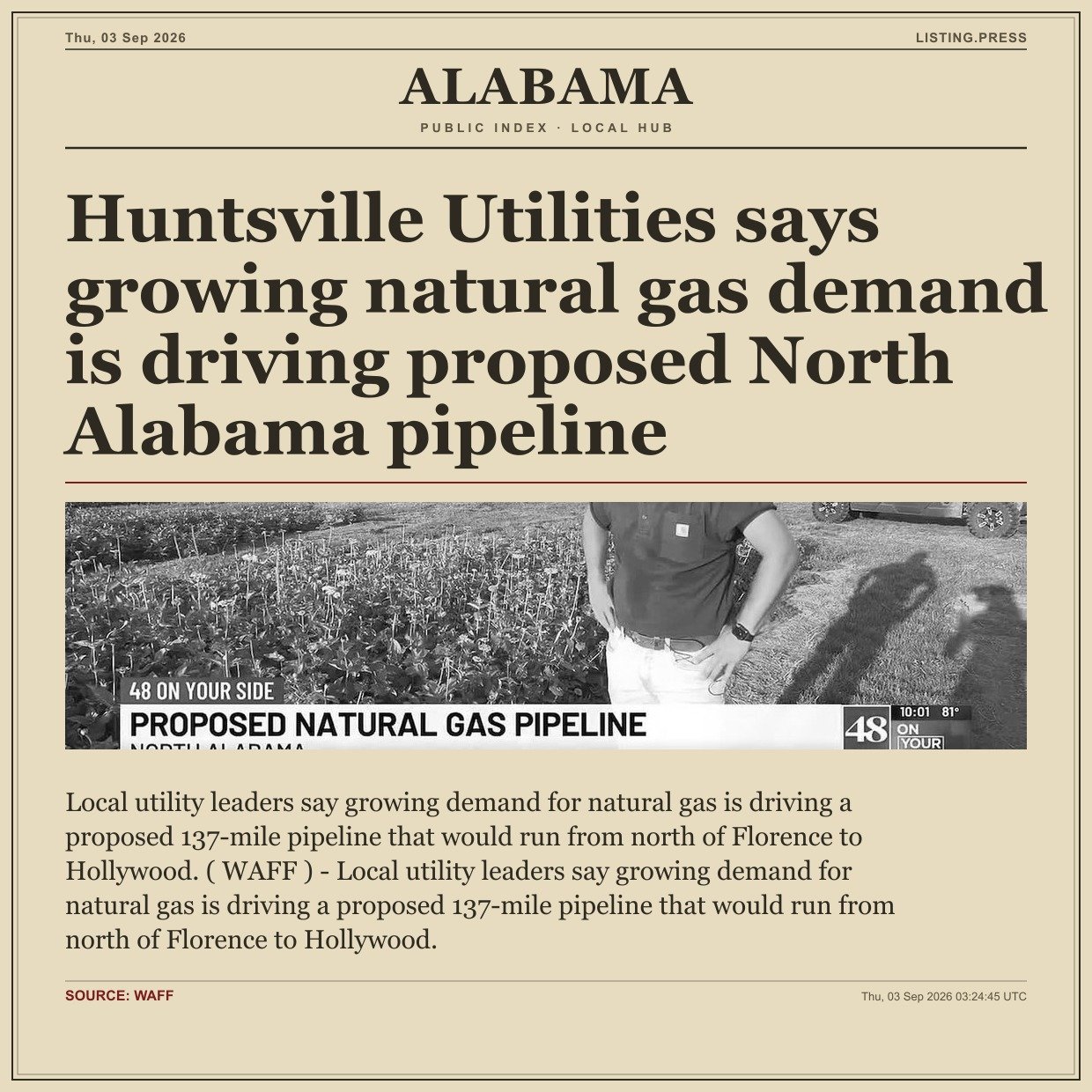 Huntsville Utilities says growing natural gas demand is driving proposed North Alabama pipeline