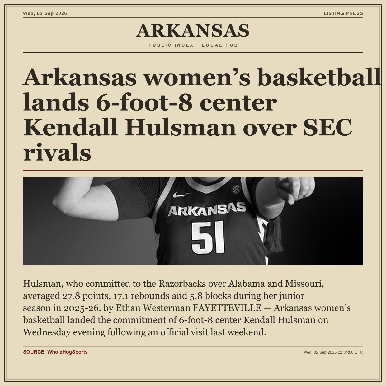 Arkansas women’s basketball lands 6-foot-8 center Kendall Hulsman over SEC rivals