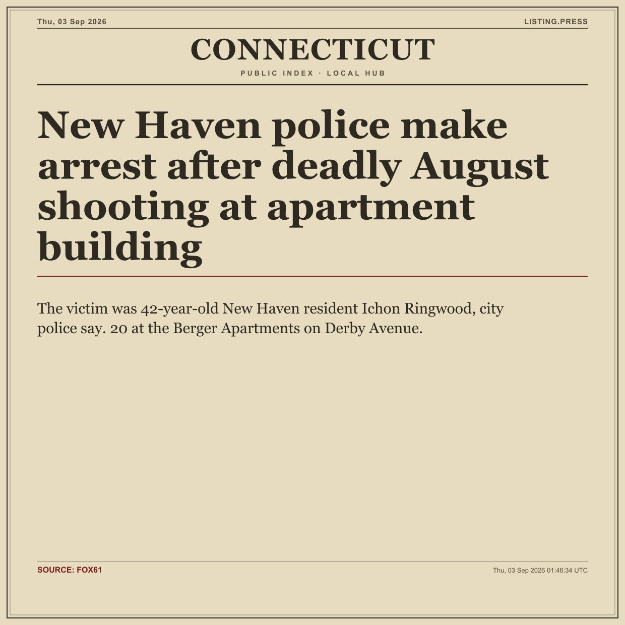 New Haven police make arrest after deadly August shooting at apartment building