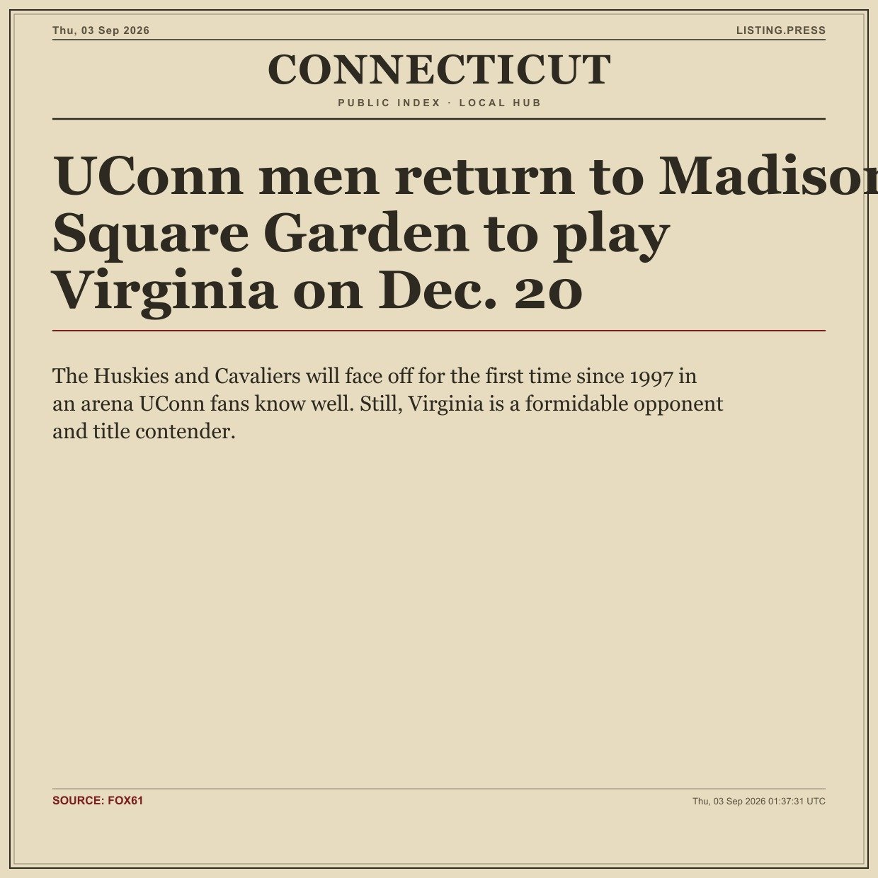 UConn men return to Madison Square Garden to play Virginia on Dec. 20