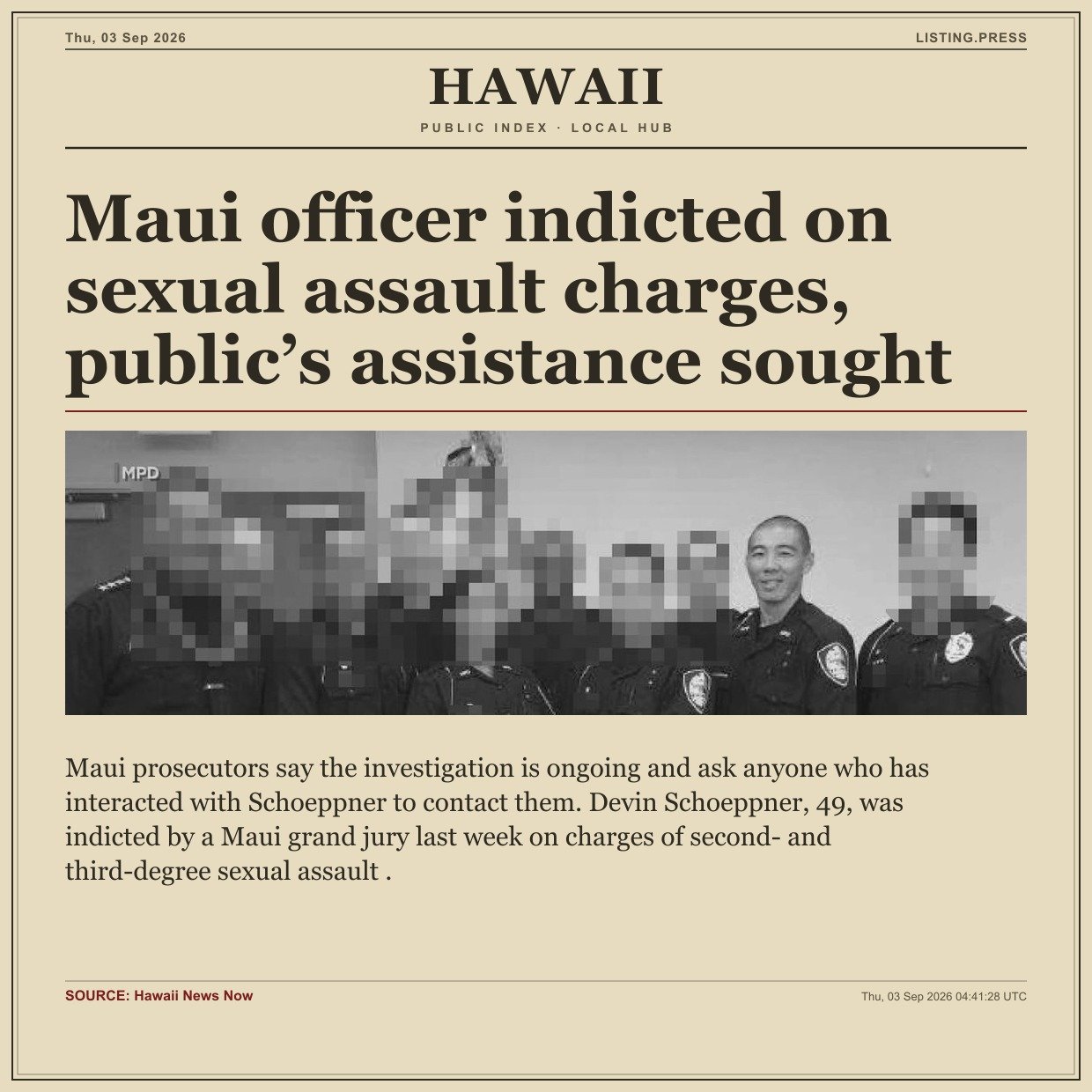 Maui officer indicted on sexual assault charges, public’s assistance sought