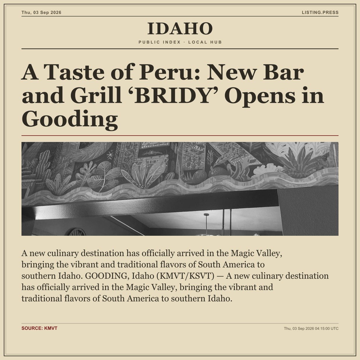 A Taste of Peru: New Bar and Grill ‘BRIDY’ Opens in Gooding