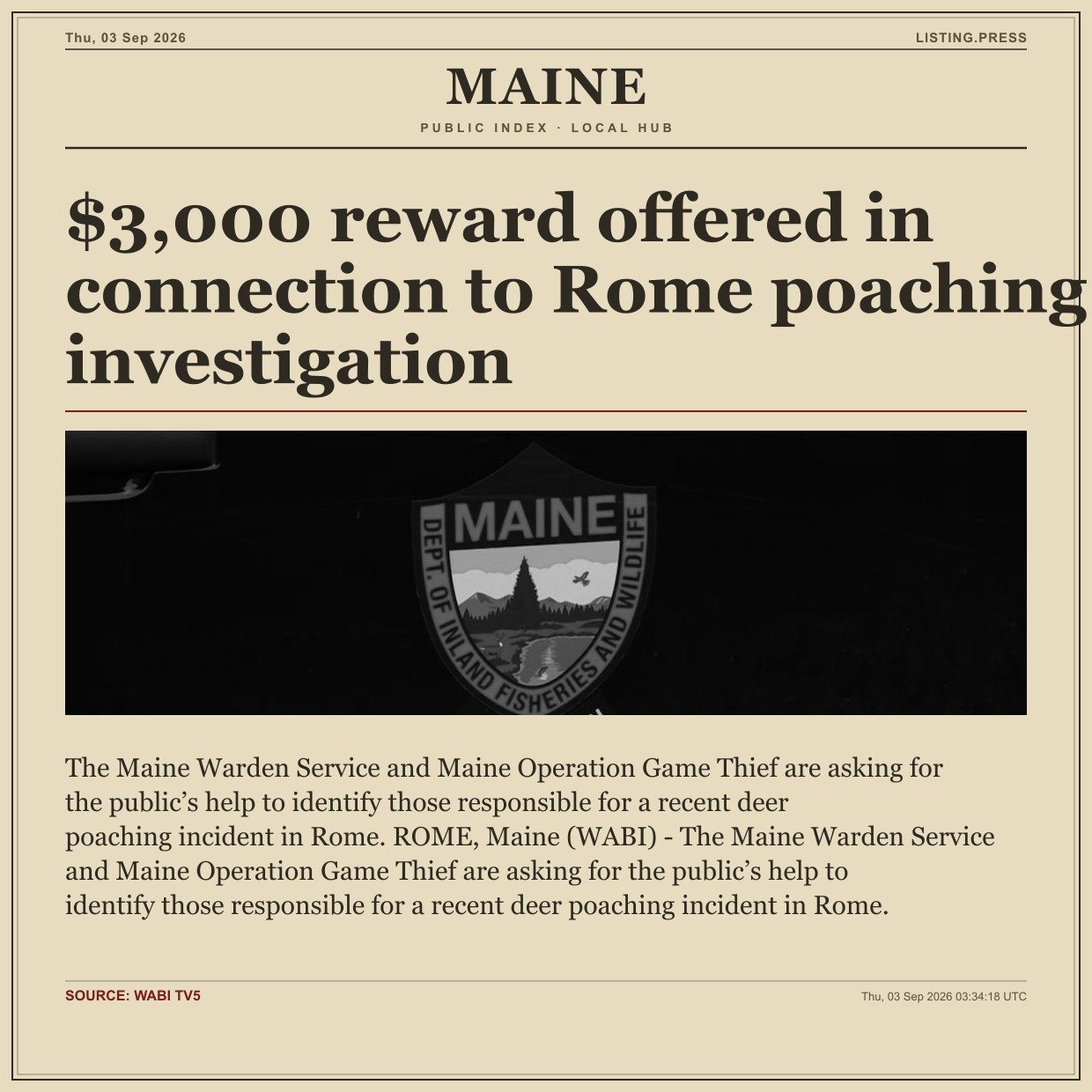 $3,000 reward offered in connection to Rome poaching investigation